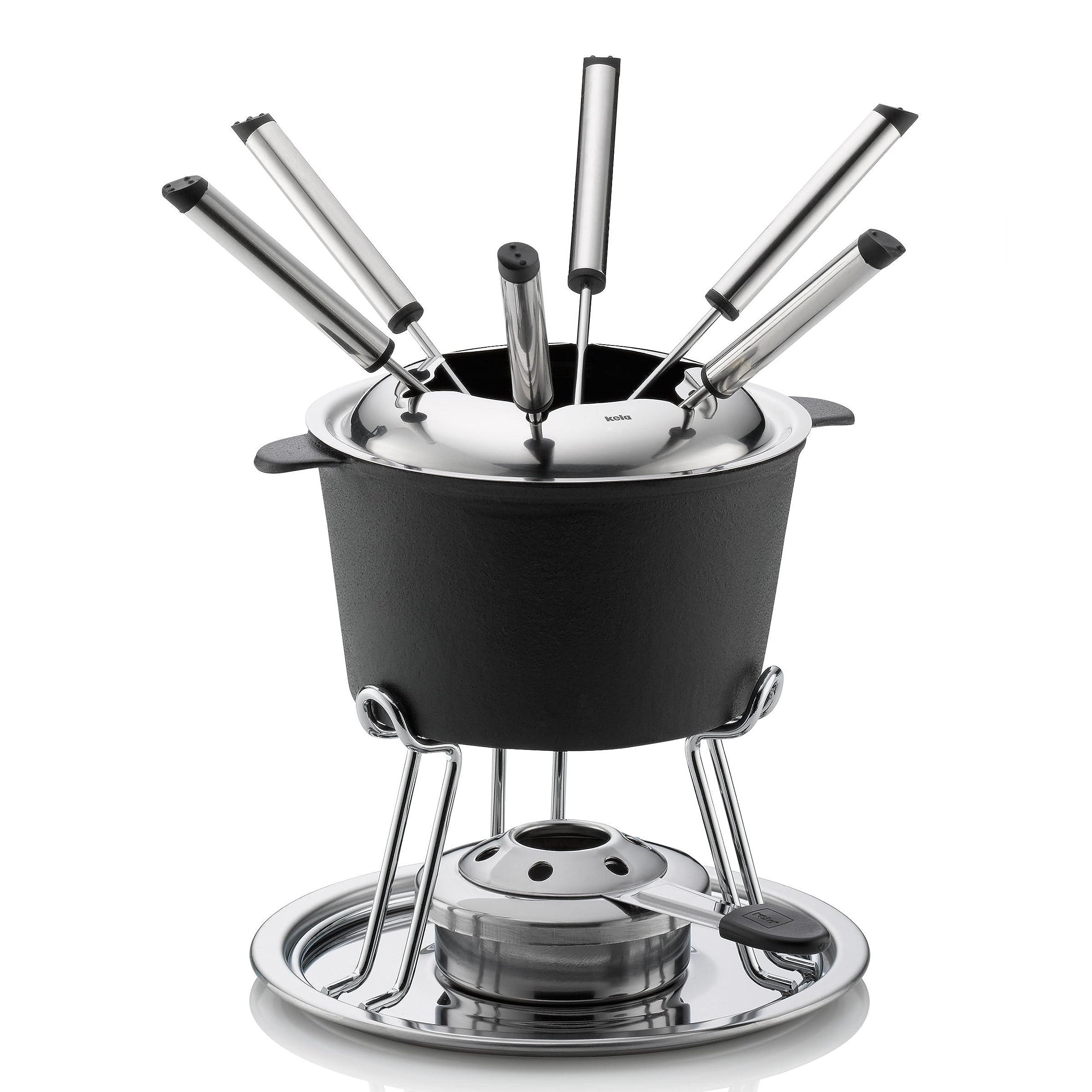 kela Fleischfondue Set 11tlg, Gusseisen Fondue für 6 Personen COMORE, Fondueset mit Brennpastenhalter, Gabeln, Gabelhalter