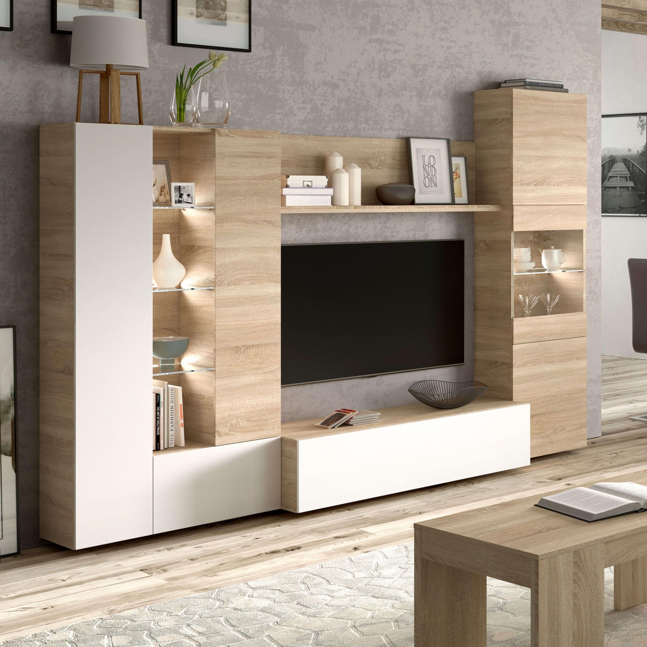 Habitdesign Esstisch-Möbel mit LEDs, Wohnzimmermöbel, Modell Essential, glänzendes weißes Finish und kanadische Eiche, Maße: 260 cm (Breite) x 185 cm (Höhe) x 42 cm (Tiefe)