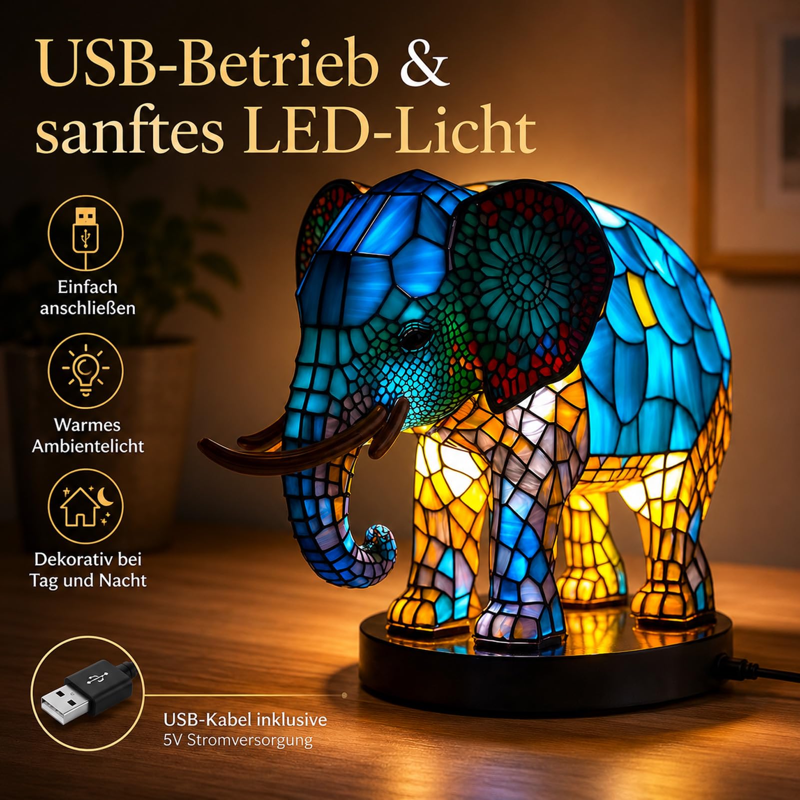 Drawelry 3D Tier Harz Figur Statue Nachtlicht mit Bunte LED Tierlampe Dekoration, Wolf Löwe Eule Skulptur Tischlampe für Wohnzimmer Schlafzimmer Kinderzimmer Deko Weihnachten Geschenk (Elefant)
