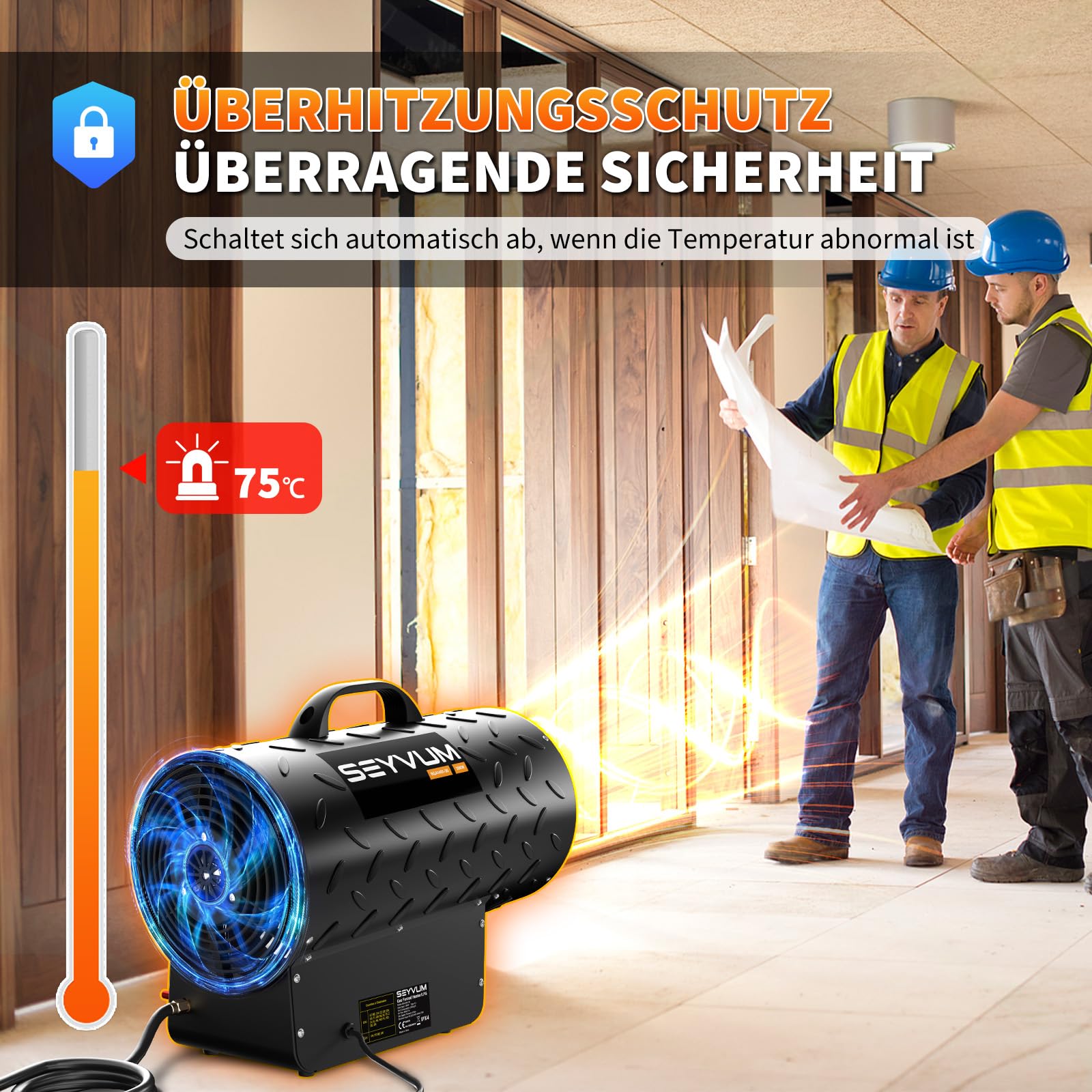 Gasheizung für innenräume,30KW Gas Heizgebläse, Gasheizgerät Gasheizer Gasheizgebläse Propangasheizgebläse 700m³/h Luftdurchsatz, inkl. 1,4m Gasschlauch und 700 mbar