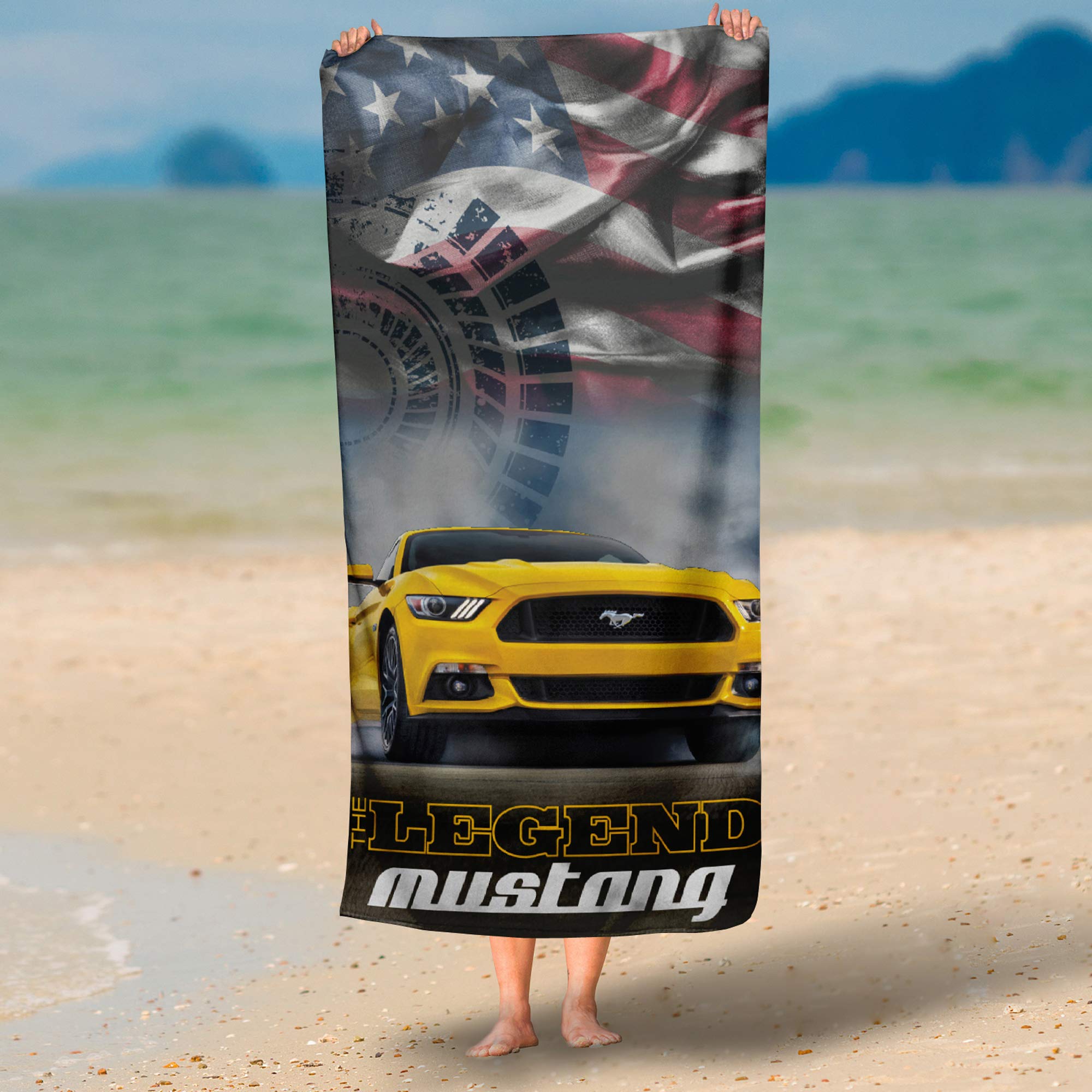 Ford Mustang Legend Serviette de bain 100 % coton de qualité velours Motif poney US Muscle-Car Shelby GT Jaune/bleu 75 x 150 cm