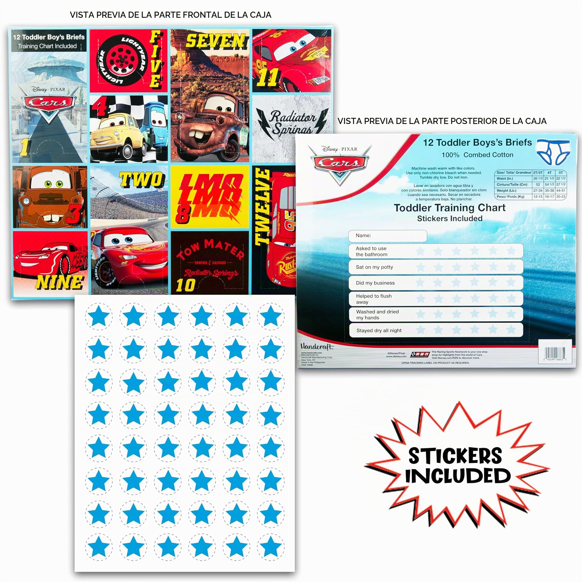 Disney Pixar Cars - Set exclusivo de 12 calzoncillos para aprender a usar el orinal, con tabla de éxitos y pegatinas, talla 2/3-5 años