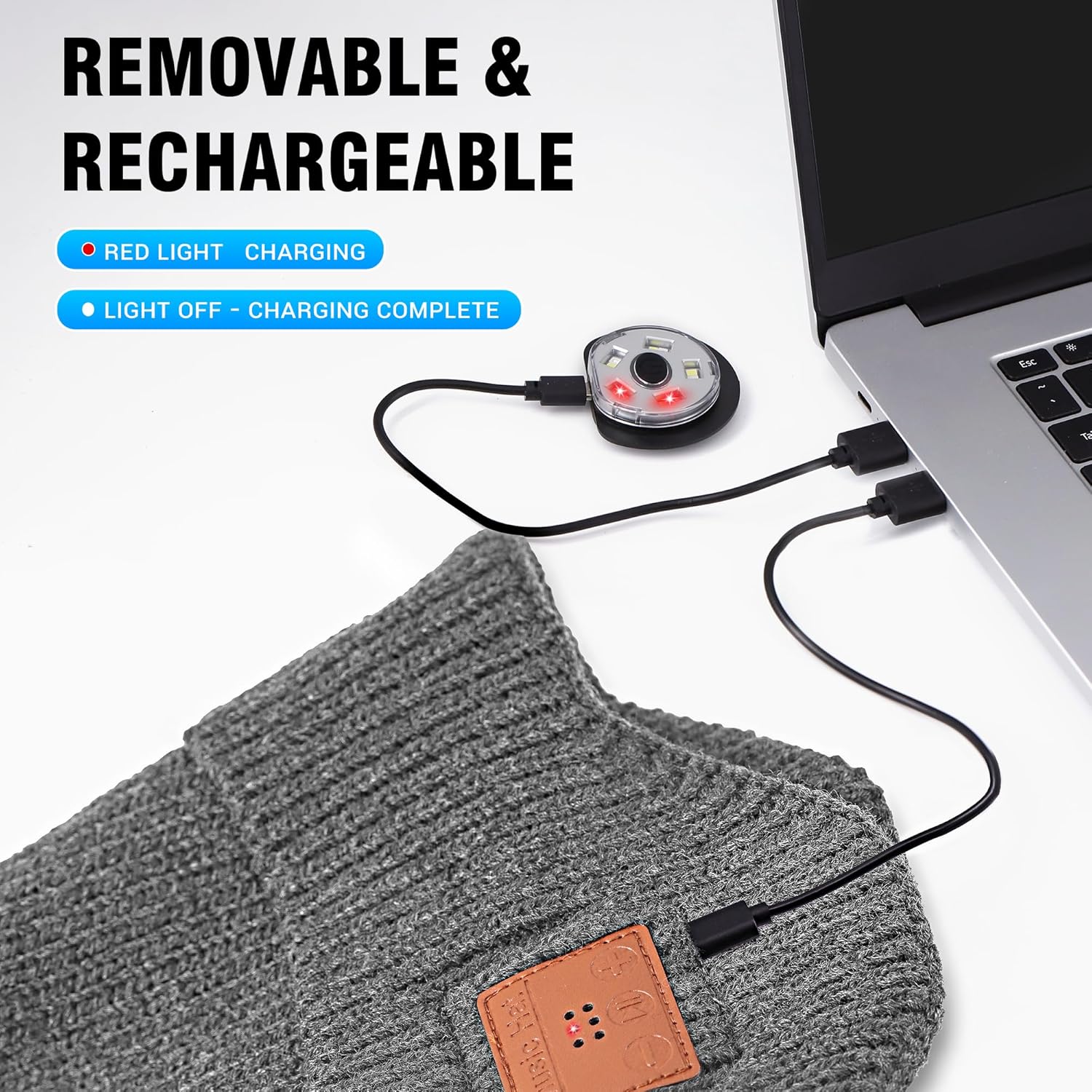 Bluetooth Beanie with Light, Built-in Wireless Headphones & Stereo Speakers - USB Rechargeable Bluetooth Hat | Unique Tech Gifts Birthday Gifts for Men and Women (Light Grey, Adult) - Image 6