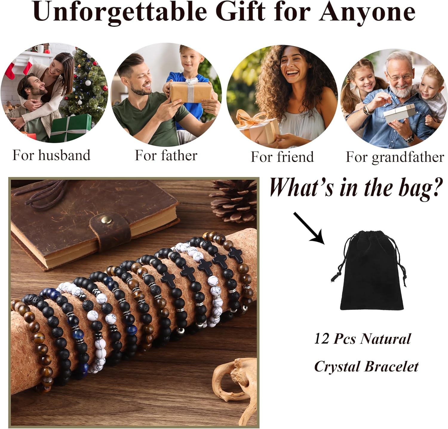 Jewdreamer 12PCS Beaded Bracelets for Men 8MM Tigers Eye Bracelet Natural Stone Crystal Bead Cross Bracelet Adjustable Stretch Christian Bracelets Jewelry Gifts - Image 5