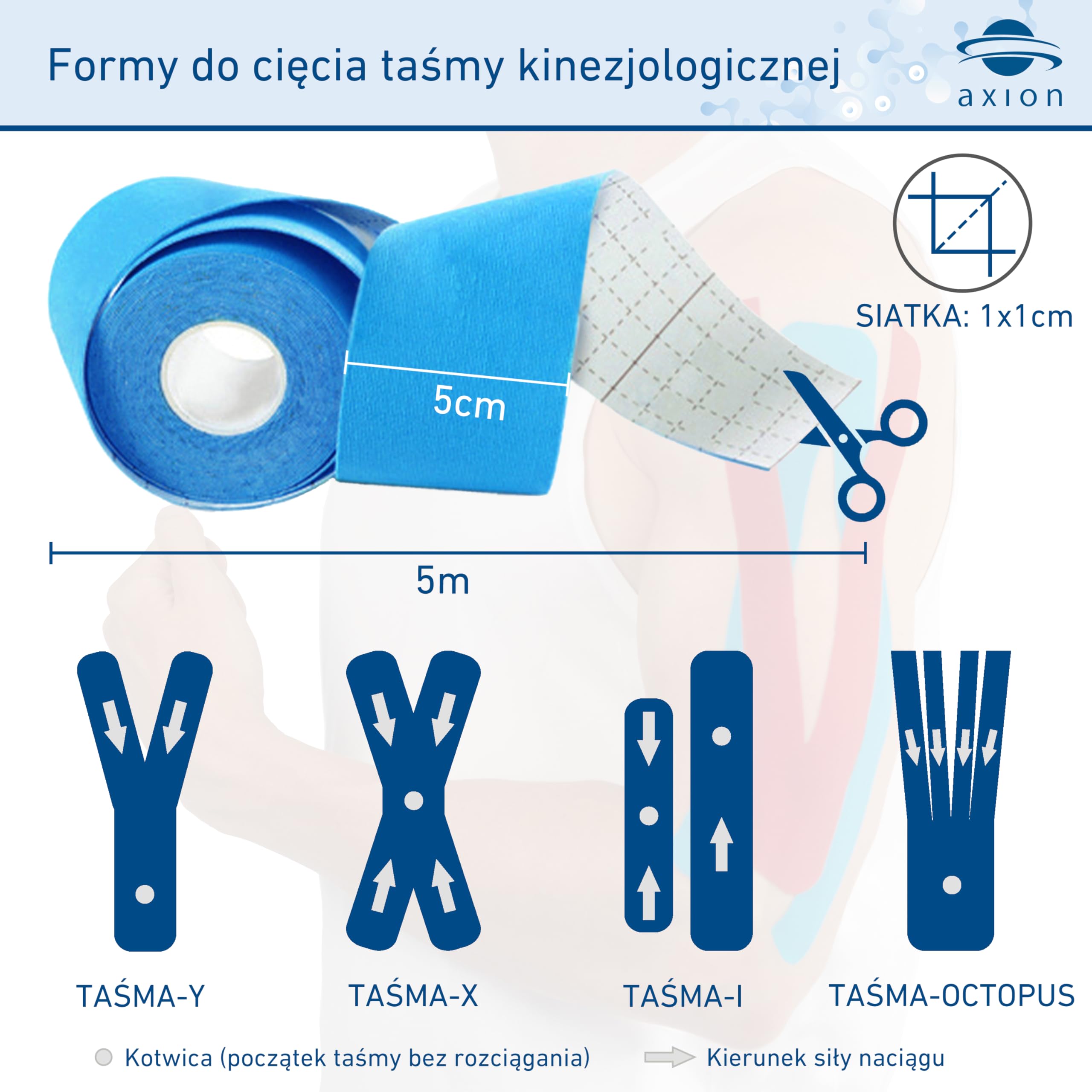 Taśmy do kinesiotapingu tejpy plastry kinezjologiczne tape- na mięśnie, plecy, kolano- niebieskie, 5m x 5cm