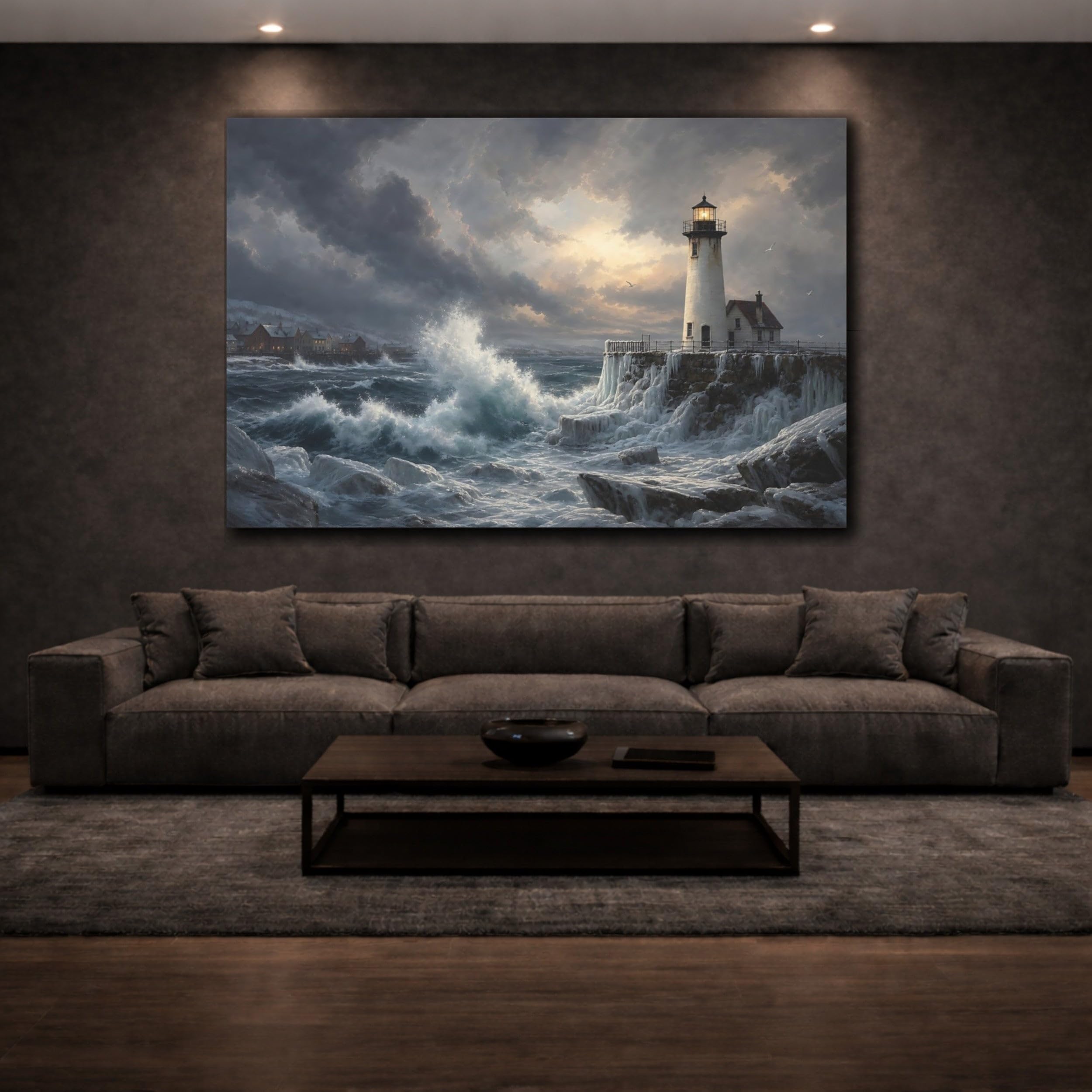 Nature Lighthouse Winter Coast Canvas Print – realistic Living Room, Above Couch 18×12 inch (45×30 cm) - Horizontal / 1.25 inch (3 cm)