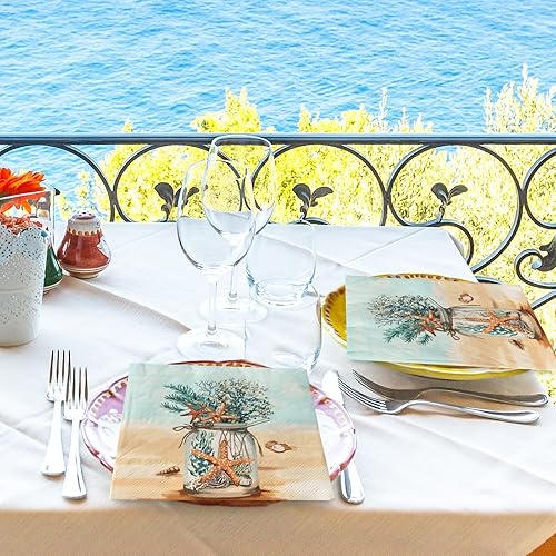 Miniatura 7 de Paquete de 80 servilletas de papel de playa desechables con estrellas de mar en orilla del mar, tarros de coral masón de postre, servilletas de mano