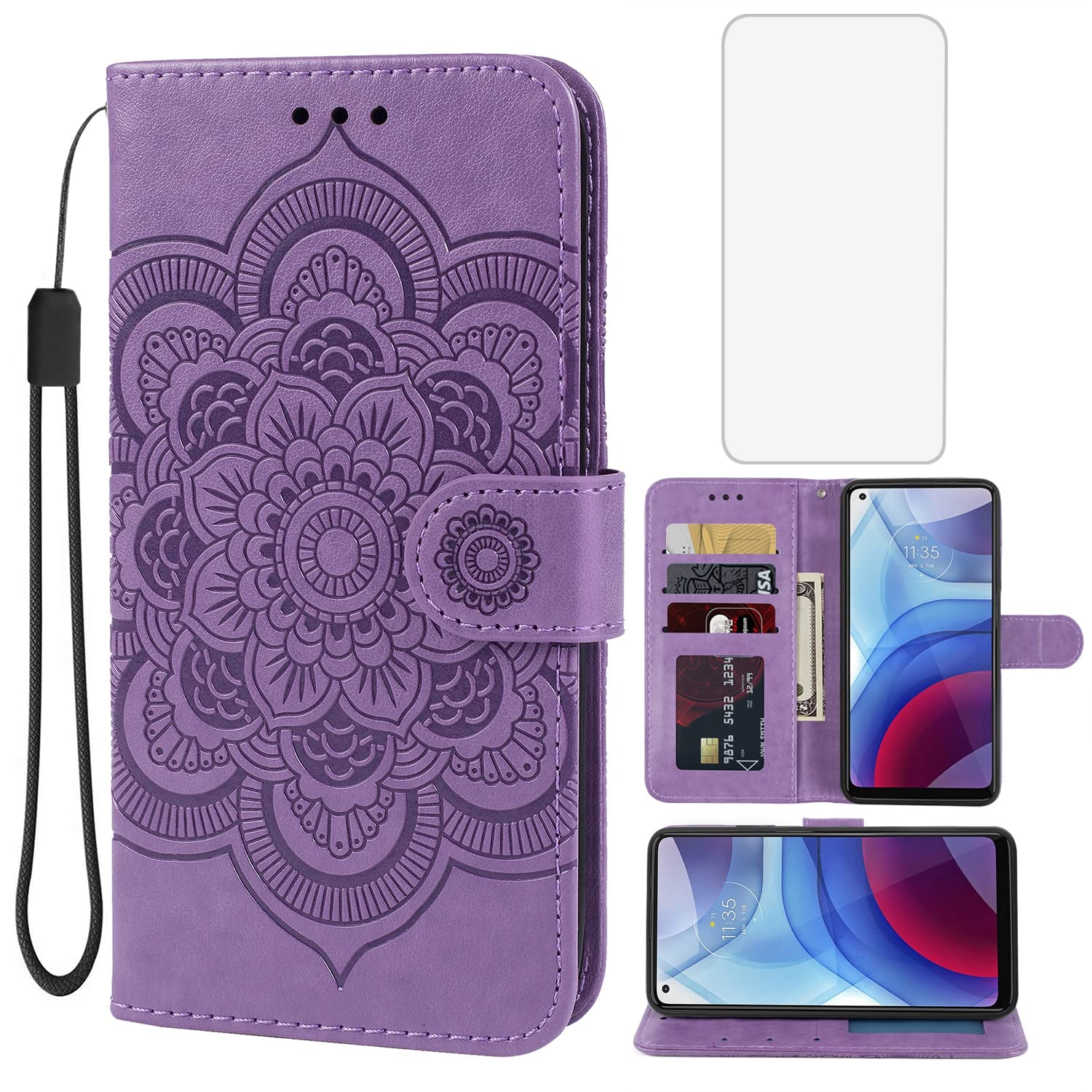 Bohefo Case for Moto G Power 2021 Case, Moto XT2117-4 Wallet Case with Tempered Glass Screen Protector, Leather Flip Credit Card Holder Stand Phone Cover Cases for Motorola Moto G Power 2021 Purple