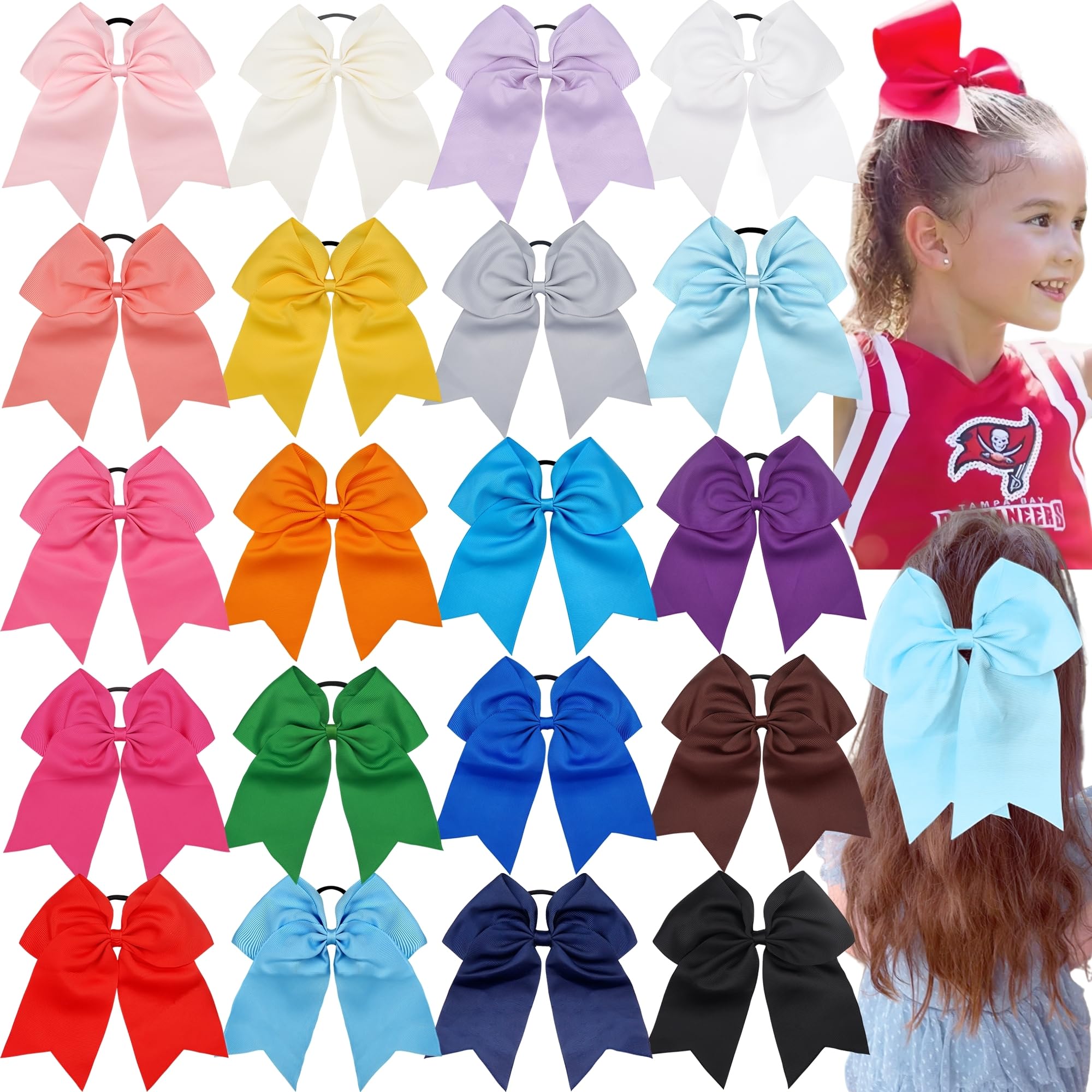 Yxiang 20Pcs Large Cheer Bows for Girls Ponytail Holder Grosgrain Ribbon Bows Elastic Hair Tie Bands for Cheerleading Teen Girls College Sports