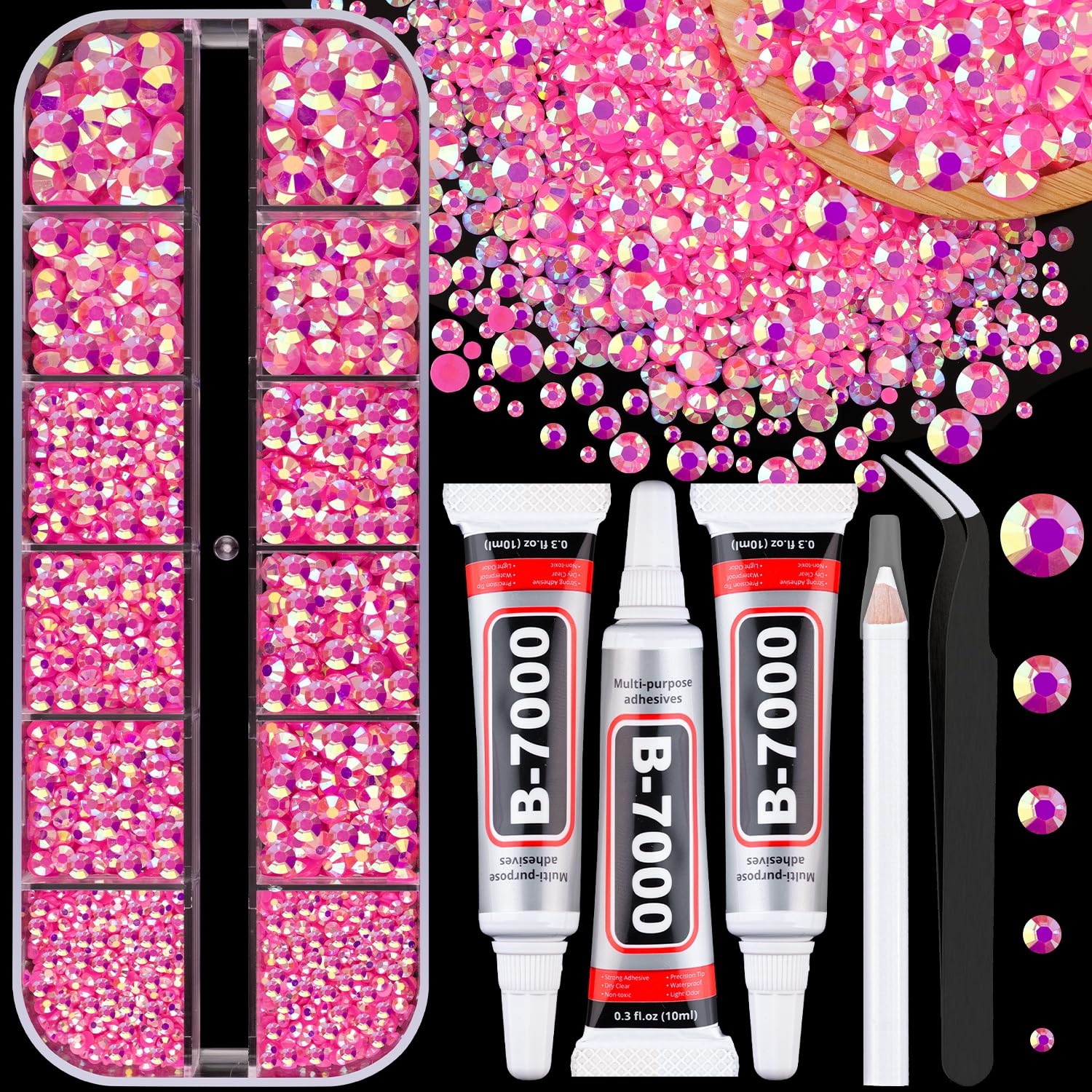 TINKRSTUFF Resin Jelly Rhinestones with B7000 Glue, Hot Pink AB Flatback Crystal Gems (Mixed Sizes) | DIY Craft & Nail Art Kit - main product image
