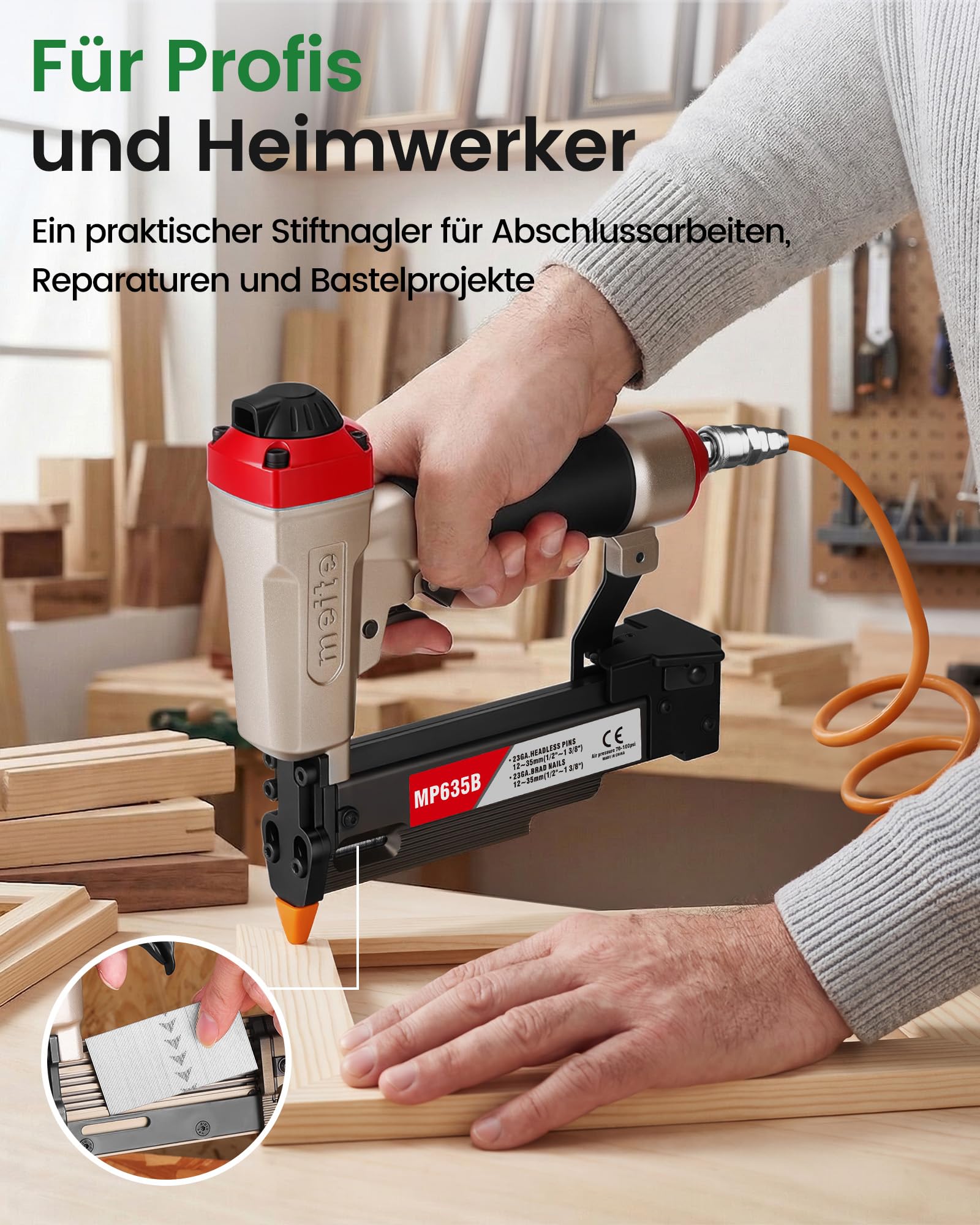 meite MP635B Druckluft Stiftnagler mit 10000 Stück 23 Ga 25 mm Kopflose Stifte, Kompakte für 12–35 mm Länge, Druckluft-Nagelpistole Kompakte für Zierleisten, Bilderrahmen und Feine Holzarbeiten