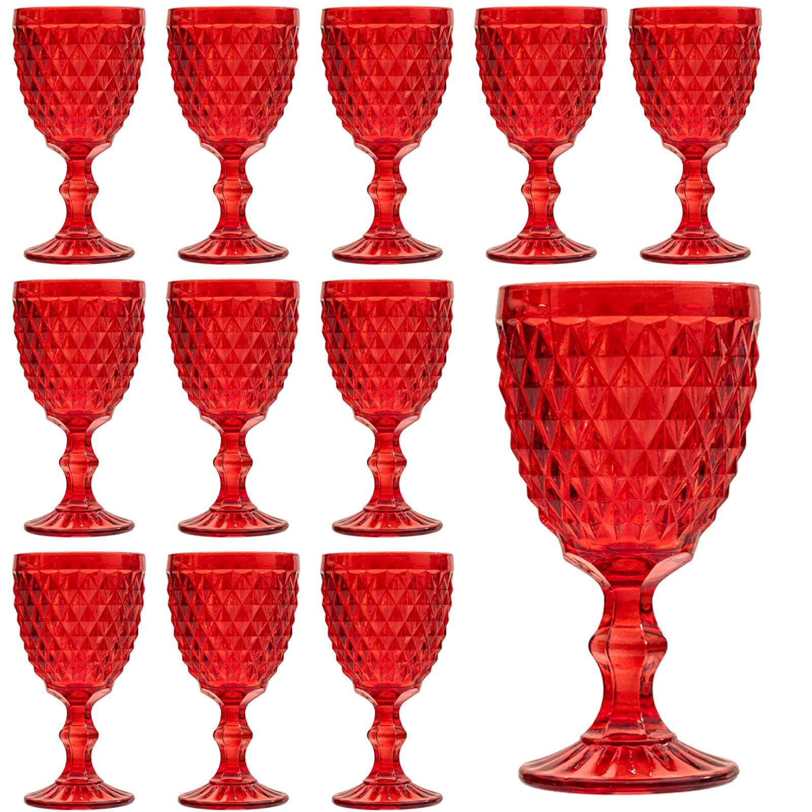 12 Pcs Vintage Wine Glasses, 10 Ounce Colored Glass Water Goblets, Unique Embossed Pattern High Clear Stemmed Glassware Wedding Party Bar Glass Drinking Cups, Diamond Red Glasses Set of 12