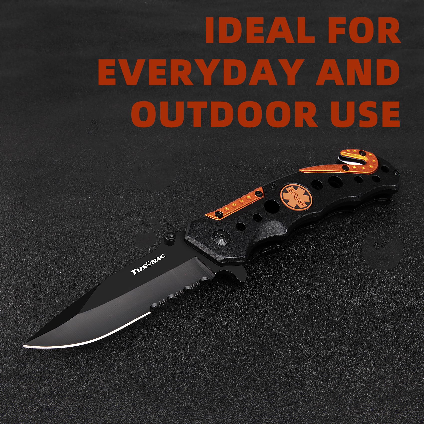3.34? Folding Pocket Knife Survival Knife, Serrated Blade Tactical Knife, Glass Breaker, Seatbelt Cutter, Pocket Clip, Self Defense knife with Liner Lock, For Hunting Camping Fishing Hiking