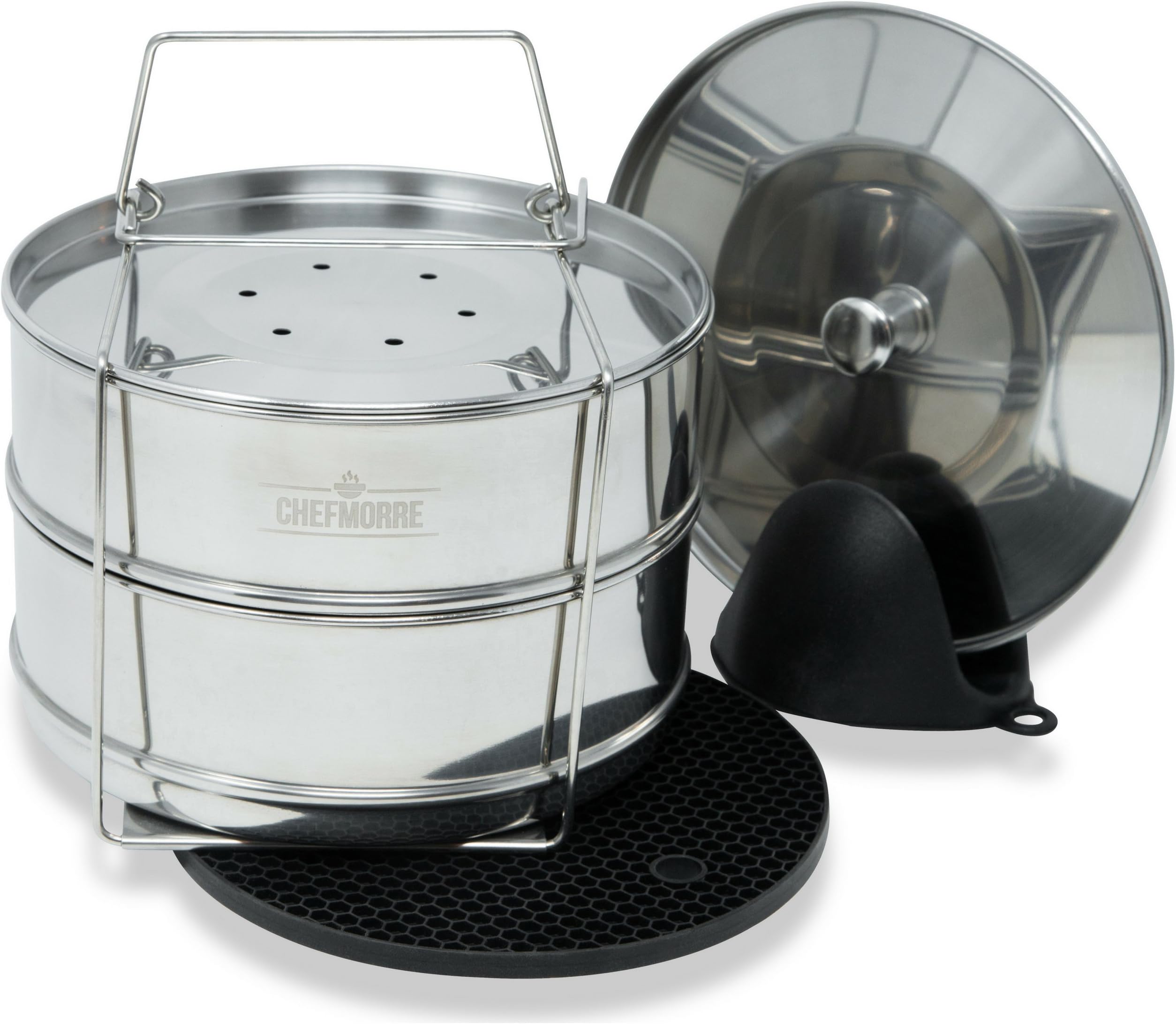 The Chefmorre 7 in 1 Stackable Steamer Insert Pan Set with Sling for 6/8 Quart Instant Pot Accessories - Baking, Casseroles, Lasagna Pans - Pressure Cooker, Pot in Pot - Extra Lid, Glove, Trivet Incl