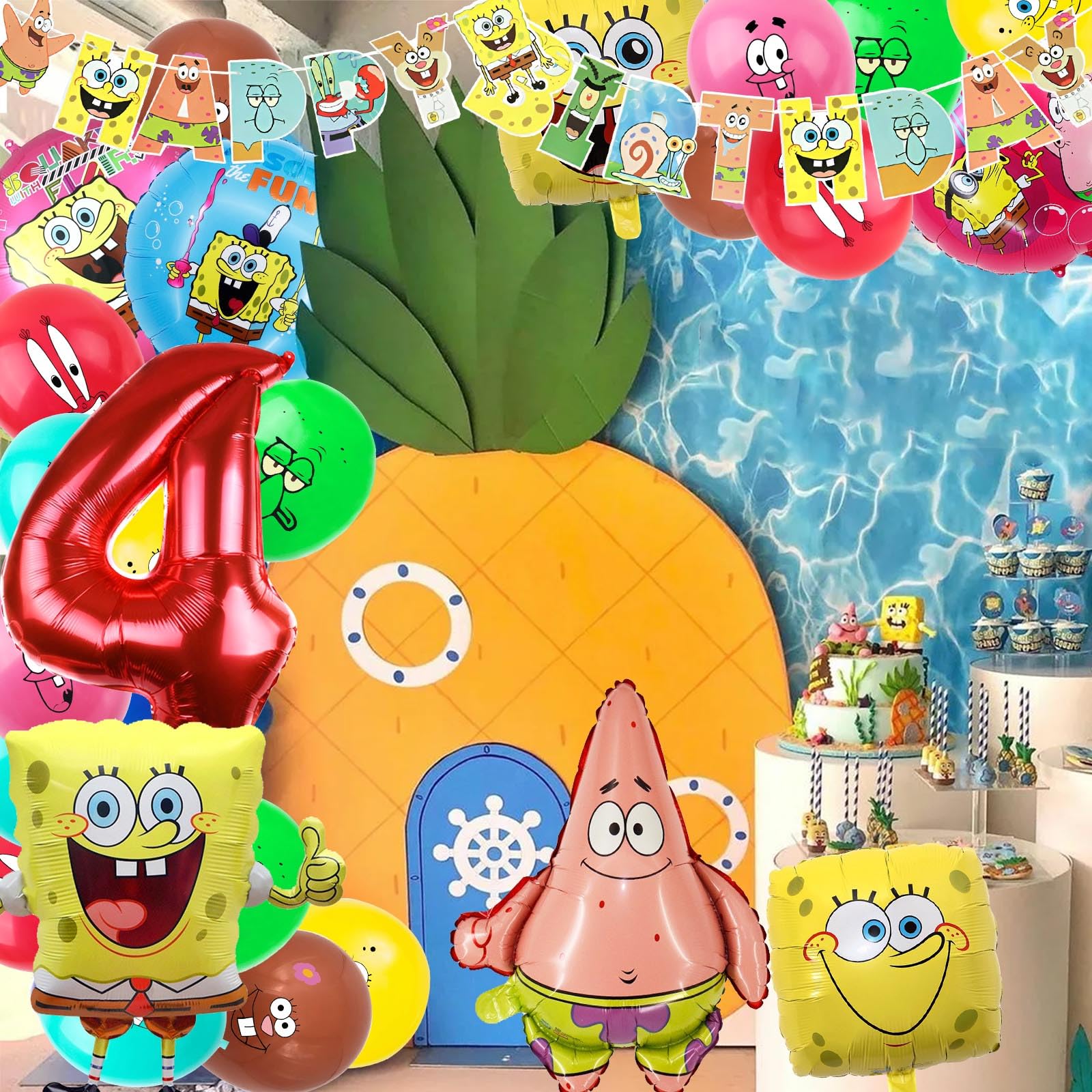 Spongebob Geburtstagsdeko Set - Inkl. Ballons, Banner, Tischdecke & Regenvorhang Für Perfekte Kinderparty