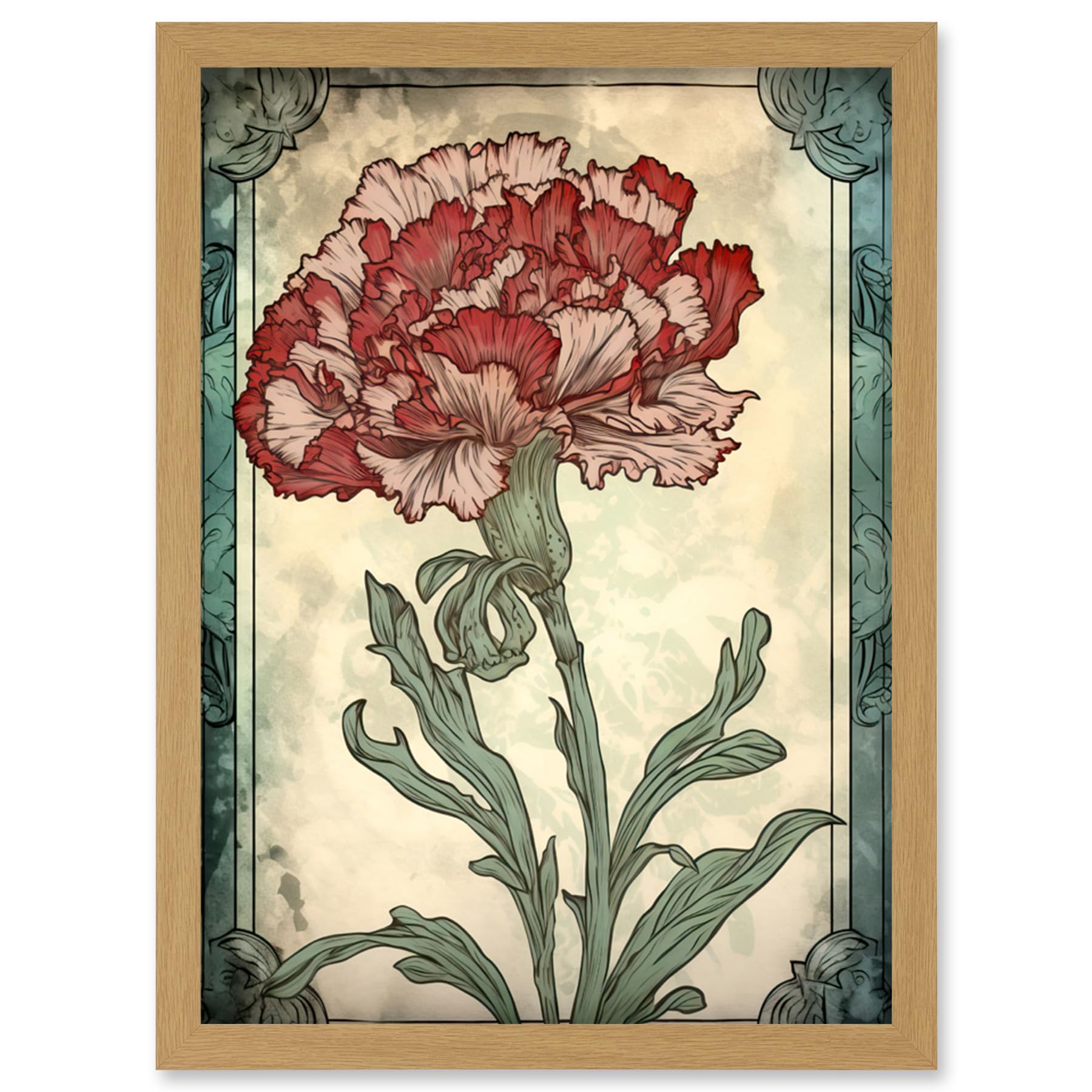 Artery8 Red Carnation Flower Bloom Watercolour Art Nouveau Artwork Framed Wall Art Print A4
