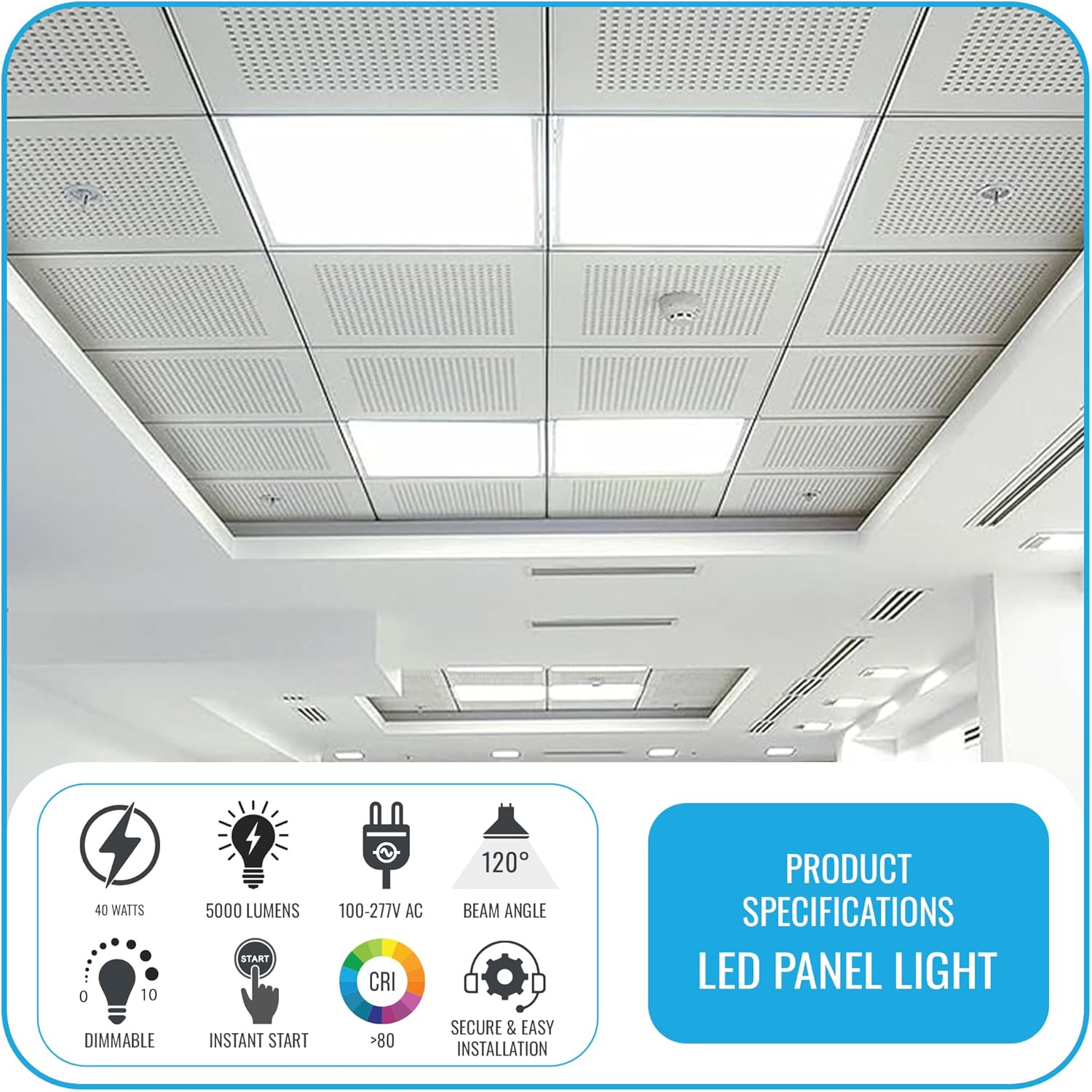 LEDMyplace 2x2 LED Flat Panel Light Ceiling Lights Fixture, Office, Shop, Warehouse, 40W, 5000 Lumens, 6500K Daylight Clear, Dimmable (0-10V), Dustproof, UL & DLC Listed Pack of 2