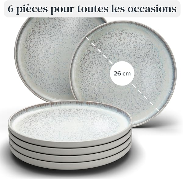Assiettes Service de Table: Ensemble de 6 grandes assiettes en grès Ibiza - élégantes, compatibles lave-vaisselle et micro-ondes - Service vaisselle 6 personnes, Pure Living beige clair - 3