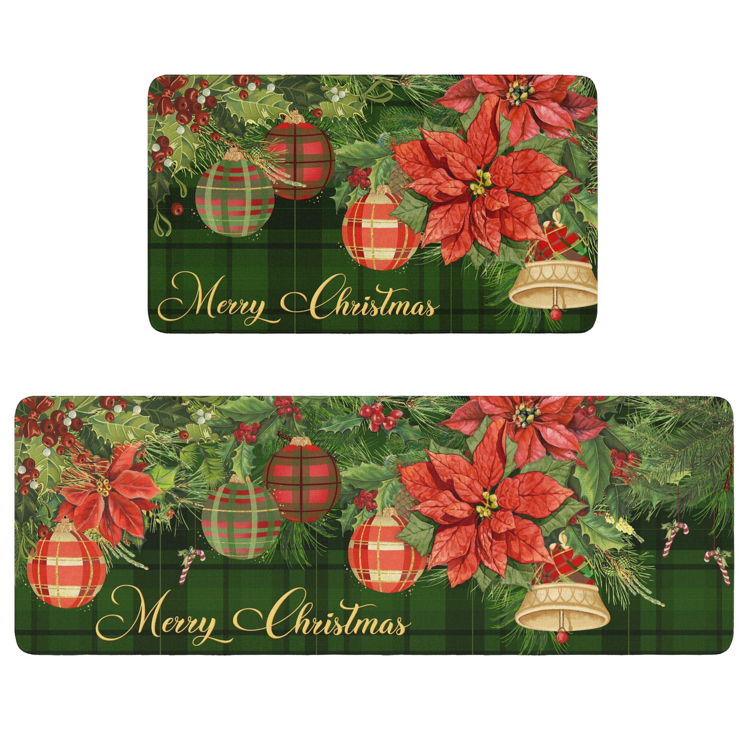 Buffalo Plaid Poinsettia Merry Christmas Kitchen Rugs and Mats Set 2 Piece for Floor, Xmas Winter Holiday Non Slip Low-Profile Sink Rug Mat Decorations for Home Kitchen 18