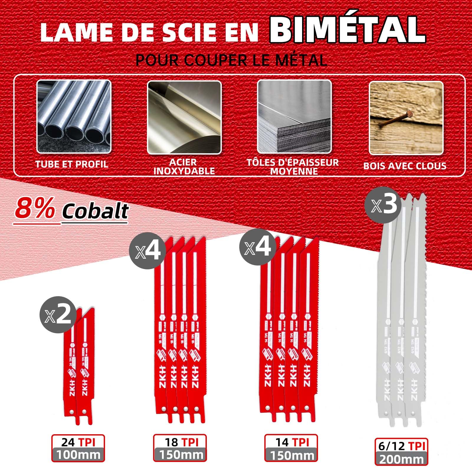 ZKH Lames de Scie Sabre 35PCS, 13pcs BI-MÉTAL et 22pcs CRV, Jeu de Lames de Scie Sabre pour Couper le Bois, le Métal, l'Acier, Scie Sabre pour des Coupes Rapides et Nettes avec Sacoche de Rangement