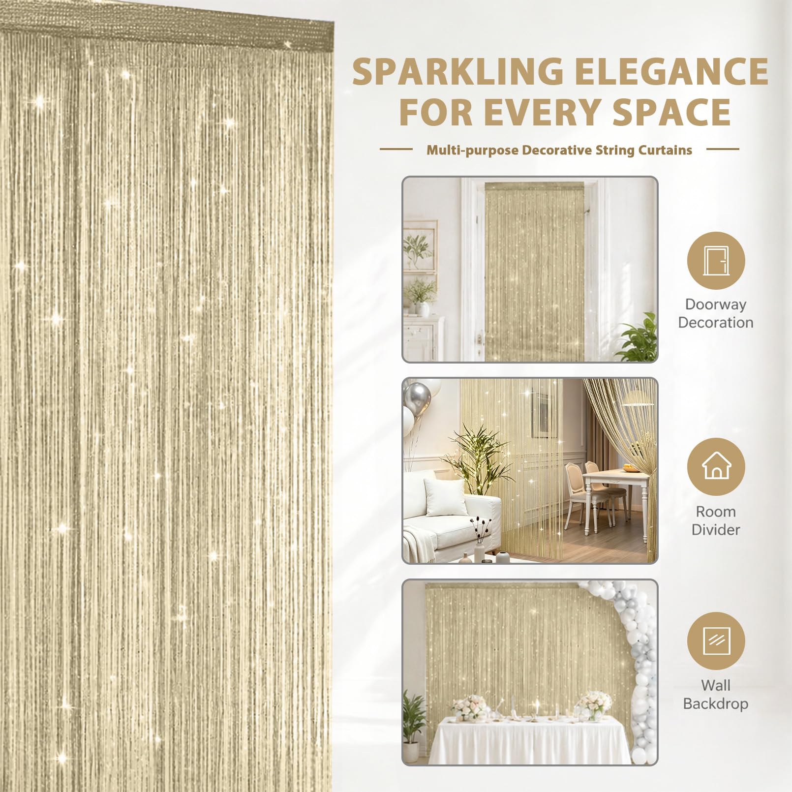 Set di 4 tende a fili glitterate da 100 x 200 cm, tenda per porta e divisorio in perle, per matrimoni, bar e balconi, protezione dagli insetti e decorazione in una (champagne)