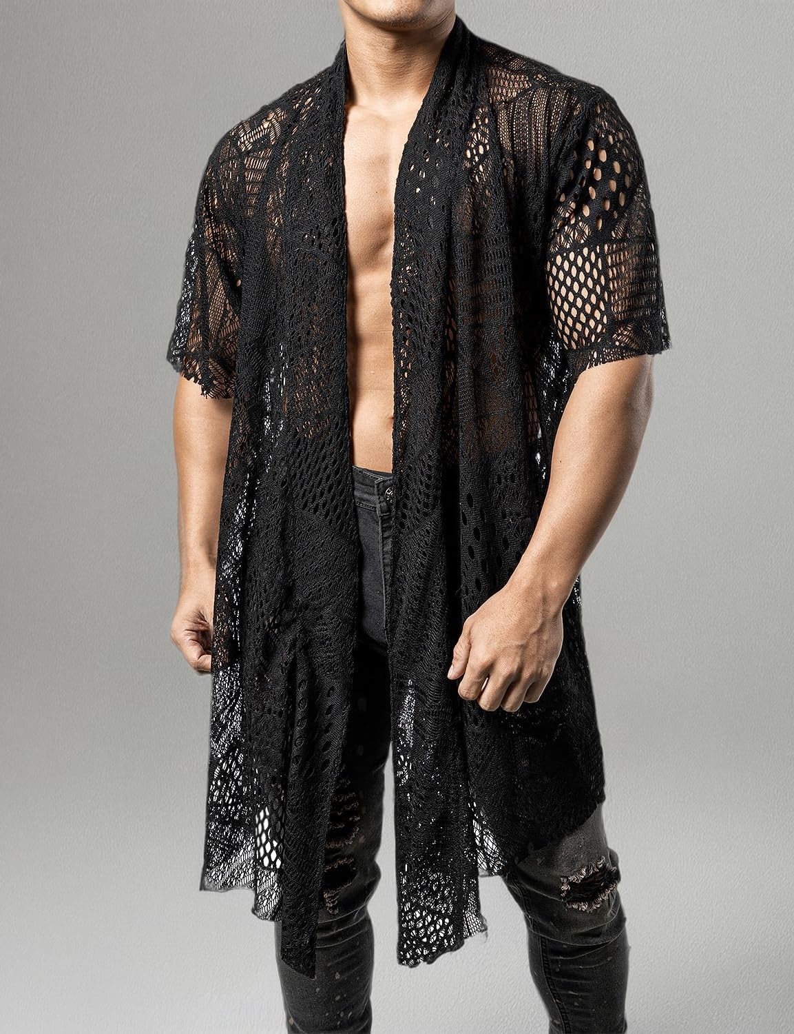 JOGAL Mens Mesh Fishnet See Through Cardigan Ruffle Shawl Collar Open Front Top - Image 7