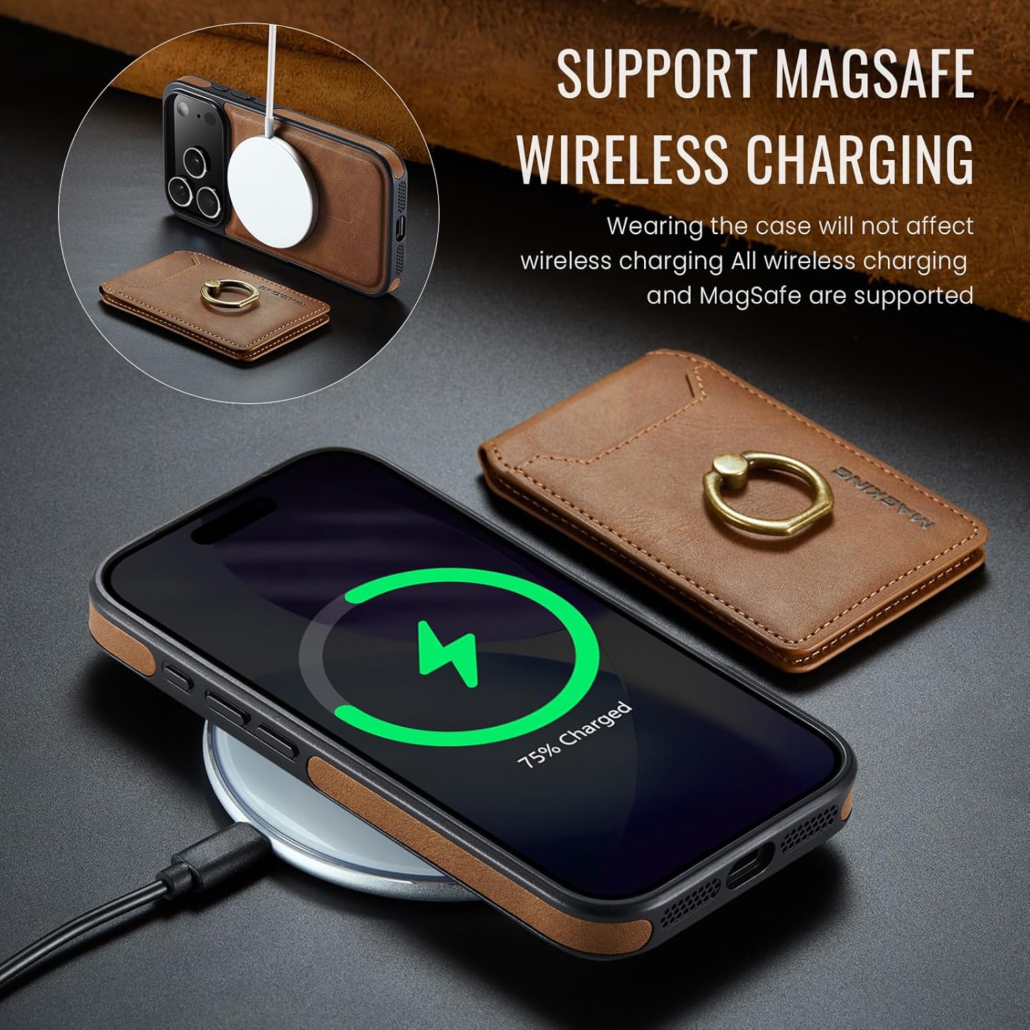 SZHAIYU 2 in 1 Detachable Magnetic Phone Cases Compatible with iPhone 17 Pro Case with Card Holder Ring, Compatible with Magsafe Wallet, Leather 6.3'' RFID Blocking (Brown, iPhone 17 Pro)