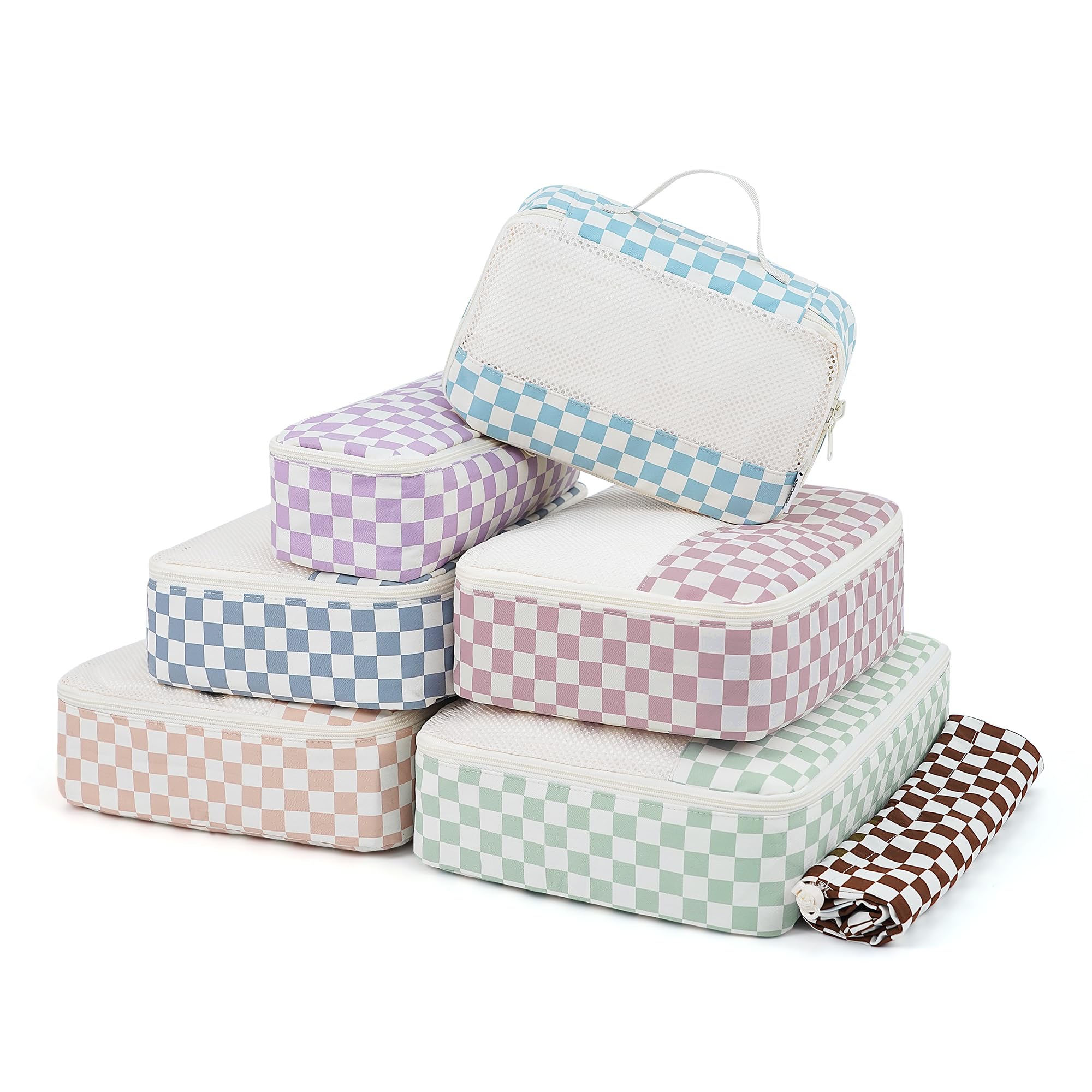 Narwey 7 Set Packing Cubes Travel Organizer, Packing Cubes Carry on Luggage Set Suitcase Backpack for Travelling, Travel Essentials Accessories Cubes with Laundry Bag (Combined Checkerboard)