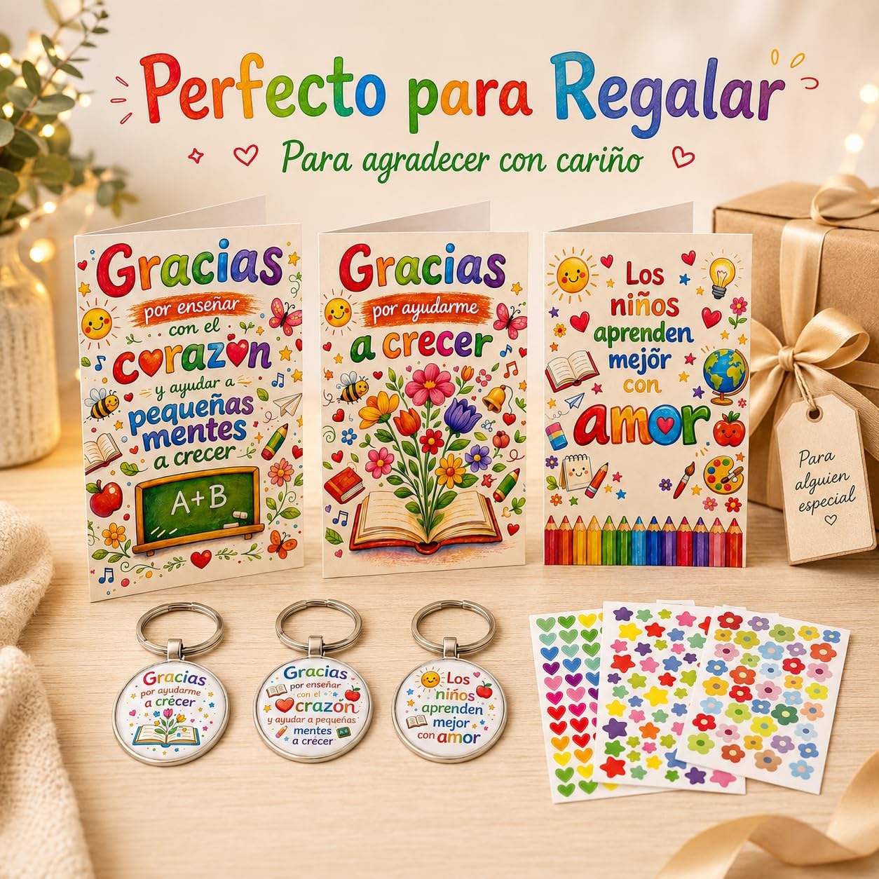Set de 3 Llaveros con Tarjetas de Agradecimiento para Profesores, Regalo Original Fin de Curso