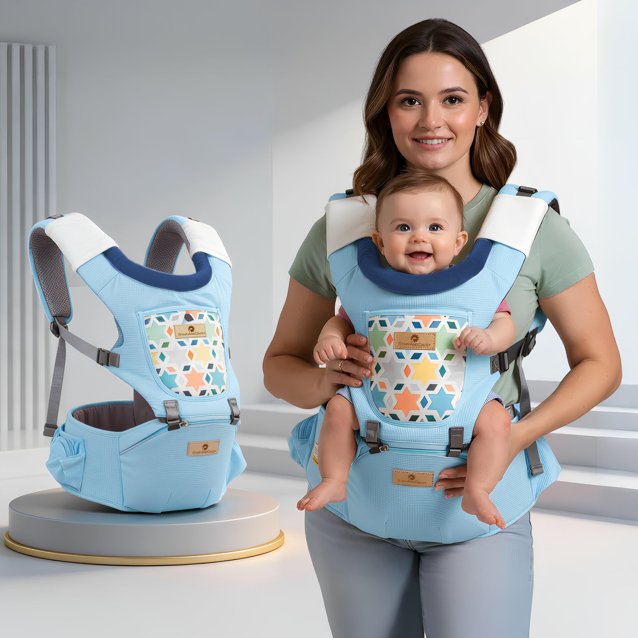 StarAndDaisy 4-in-1 Baby Carrier for 0 to 3 Year Baby/Kangaroo Bag with Comfortable Soft Hip Seat/Baby Carrier - 4 Carrying Positions, 2 Storage Pockets -Light Blue-image-47