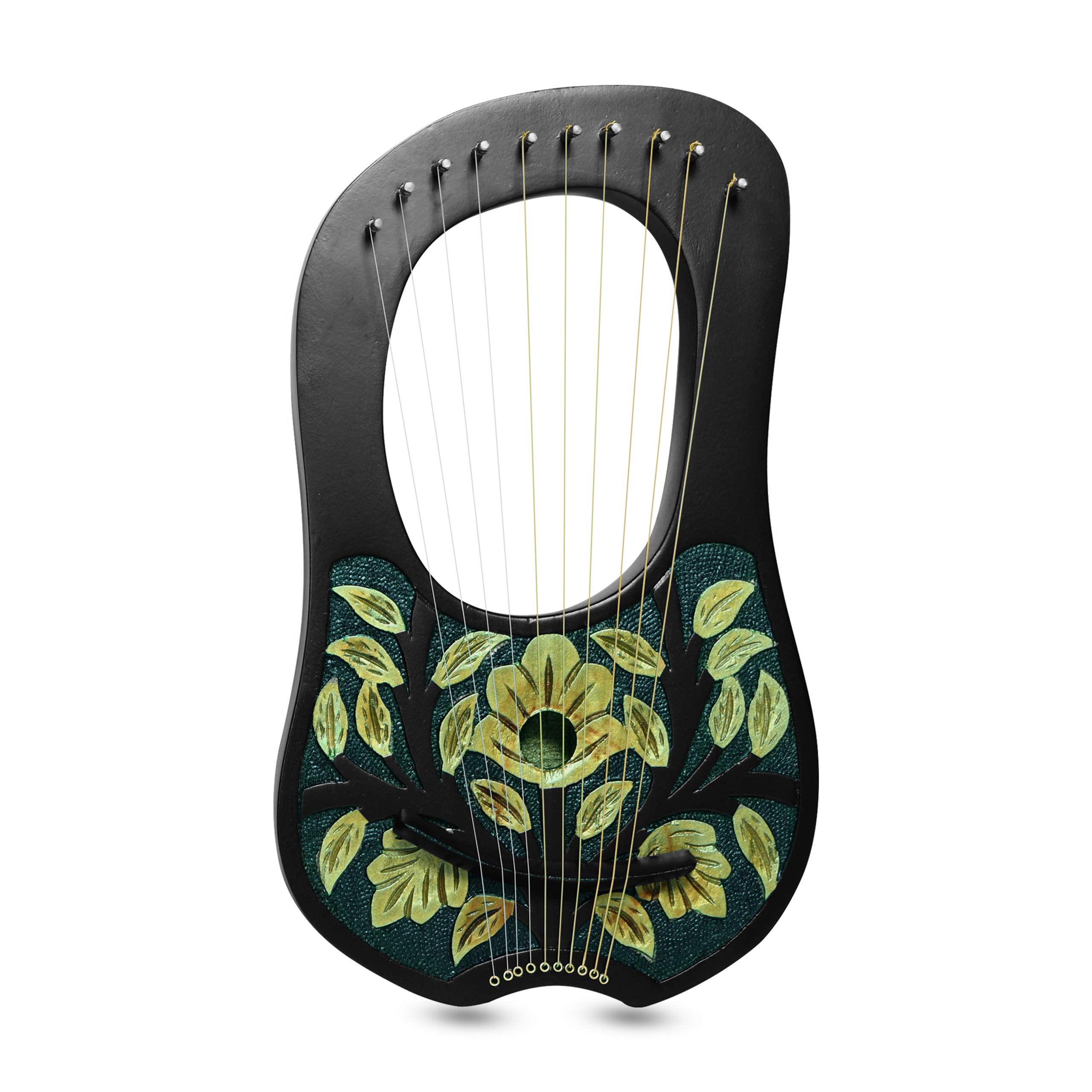 10 Metal Strings lyre harp Engraved Floral Golden/Green Design Black finish tuning key, Carrying bag
