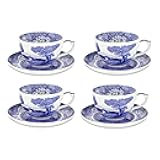 Blue Italian 20oz Jumbo Cup & Saucer, Set of 4 – Large Porcelain Hot Beverage Cups with Ornate Rim & Scenic Design - Elegant Ceramic Drinkware for Coffee, Tea, Brunch Settings