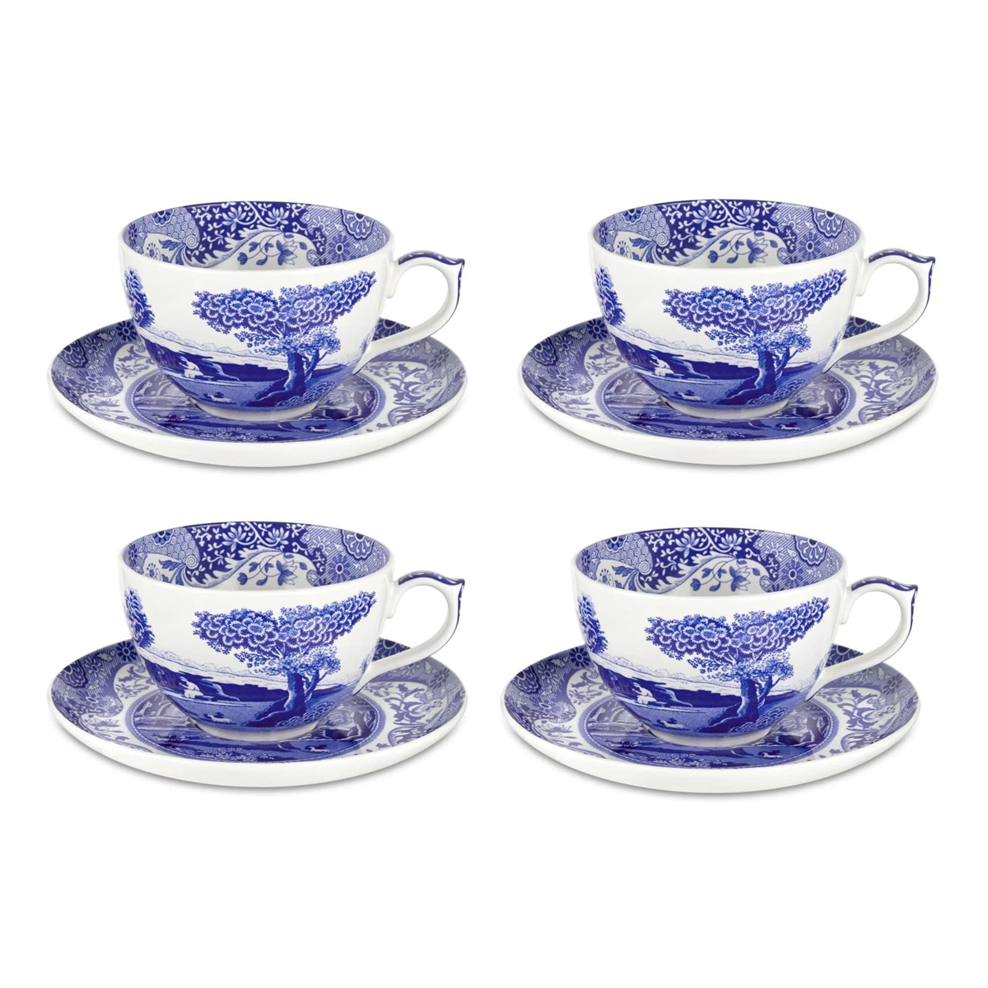 Spode Blue Italian 20oz Jumbo Cup & Saucer, Set of 4– Large Porcelain Hot Beverage Cups with Ornate Rim & Scenic Design - Elegant Ceramic Drinkware for Coffee, Tea, Brunch Settings(incomplet)