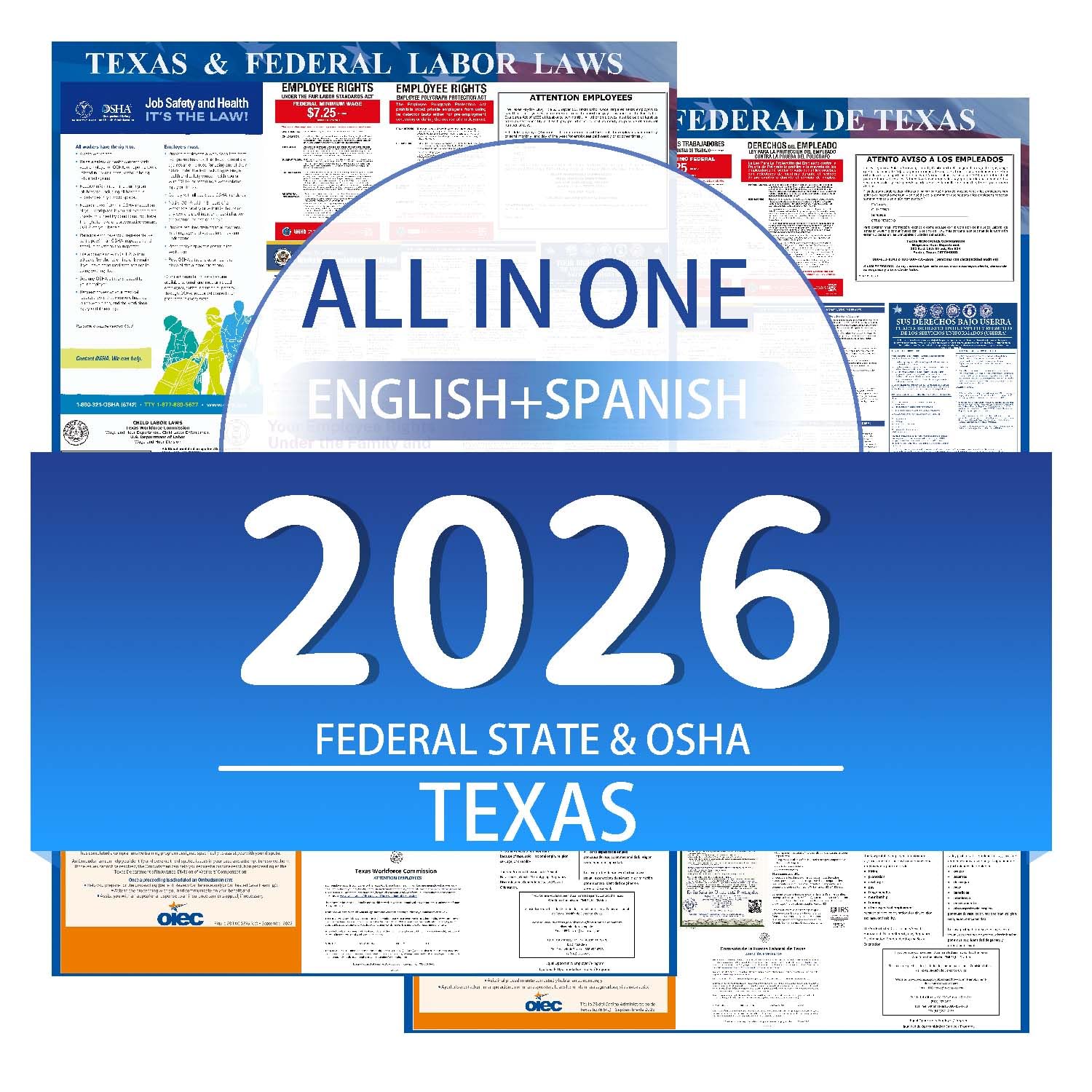KIKIGO 2026 Texas State and Federal Labor Laws Poster - OSHA Workplace Compliant 24" x 36" - All in One Required Posting -(English & Spanish Combo)