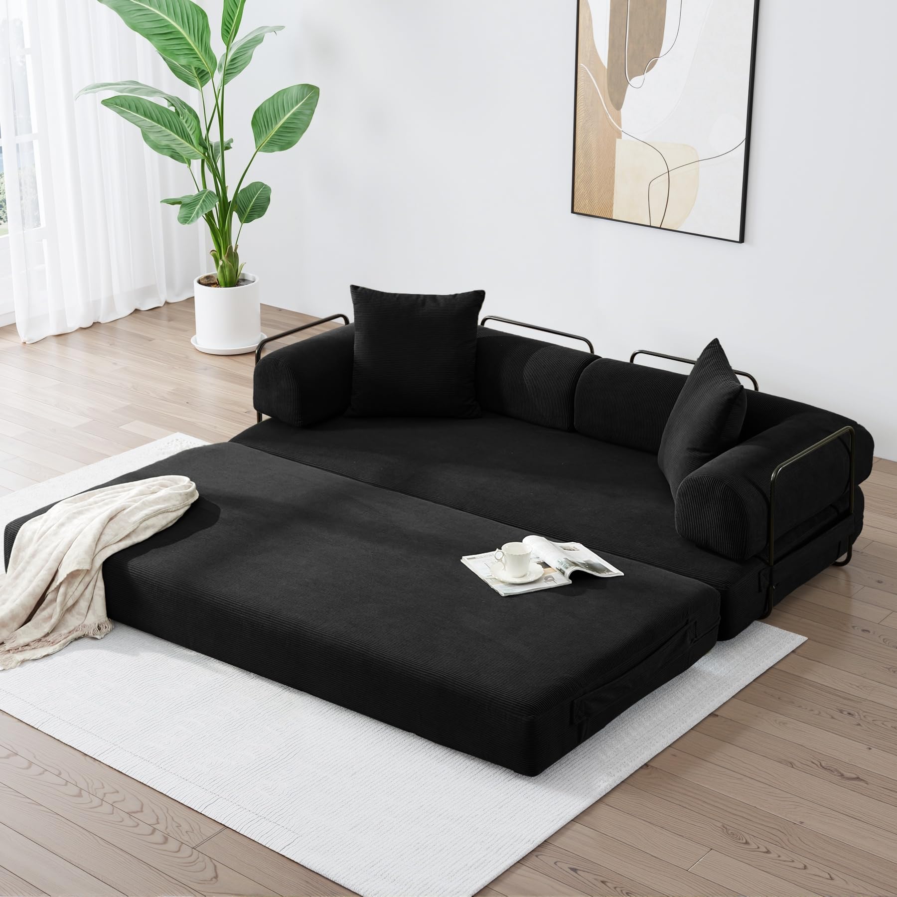 ZEIINPA Convertible Sleeper Sofa Bed with Cylindrical Pillow, Corduroy Folding Mattress Couch with Fixed-Shape Frame, Floor Sofa Lounge Couch for Living Room Bedroom Lounge Studio-Black