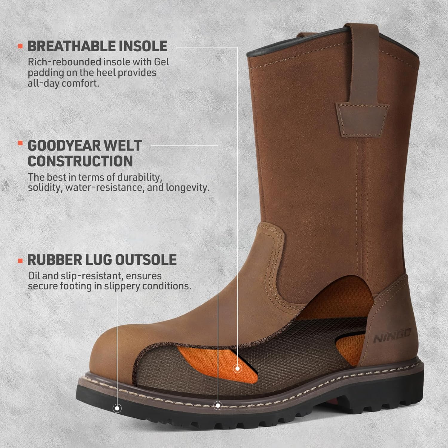 HISEA NINGO Steel Toe Work Boots for Men, Waterproof Slip on Wellington Boots with Full-grain Leather, Oil and Slip Resistant, Soft Toe Pull on Safety Boots for Men, for Construction Working Welding - Image 5