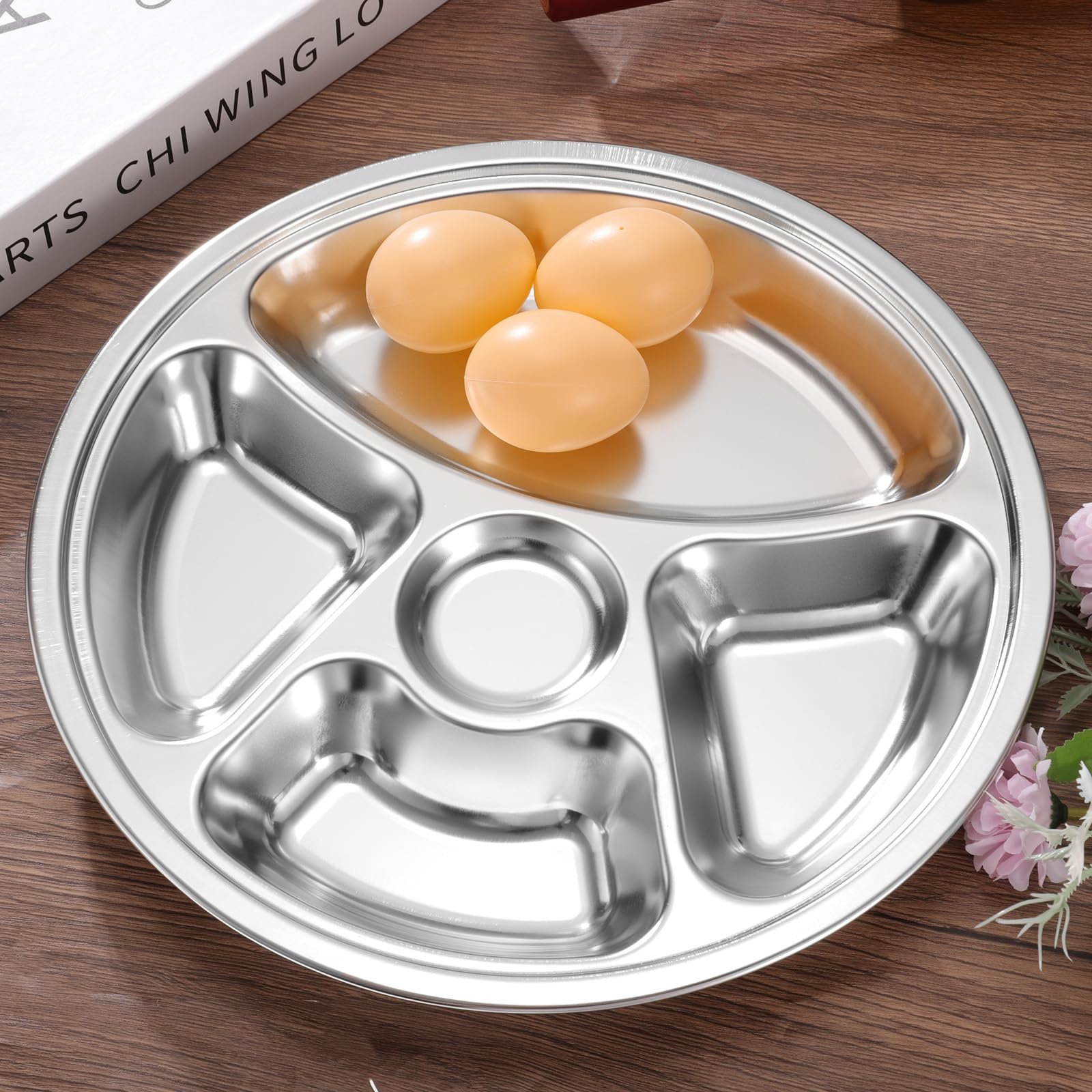 QUARKZMAN 4 Pezzi Piatti Da Portata In Acciaio Inossidabile Divisibili, 28cm/11 Vassoio Rotondo Con 5 Scompartimenti Per Ristorante Cucina Controllo Porzioni Campeggio, Argento