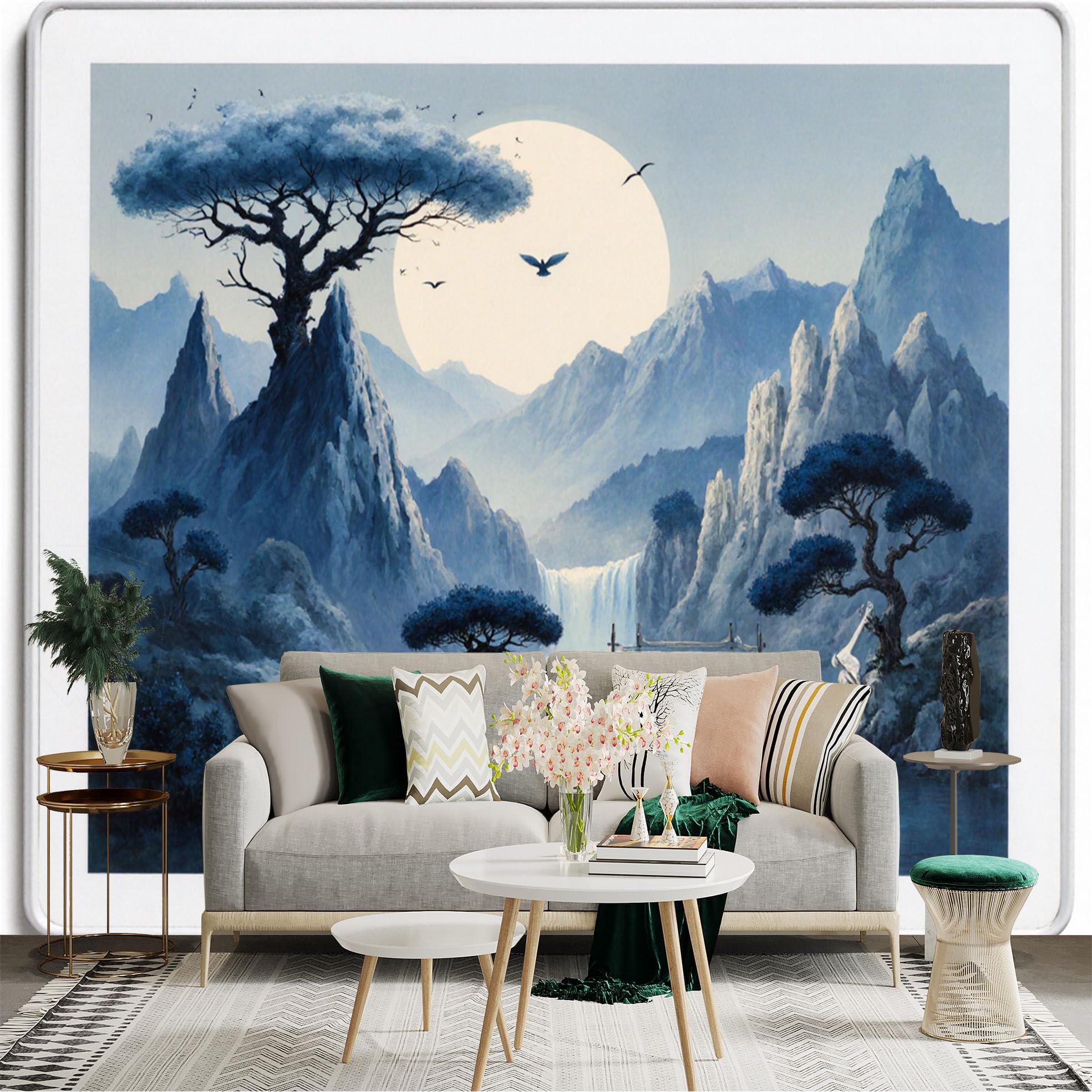 Custom Size Wall Sticker Mural， Moonlit Mountains with Waterfall， Lake and Blue Trees， for wall Decoration， peelandstick wall Decals.