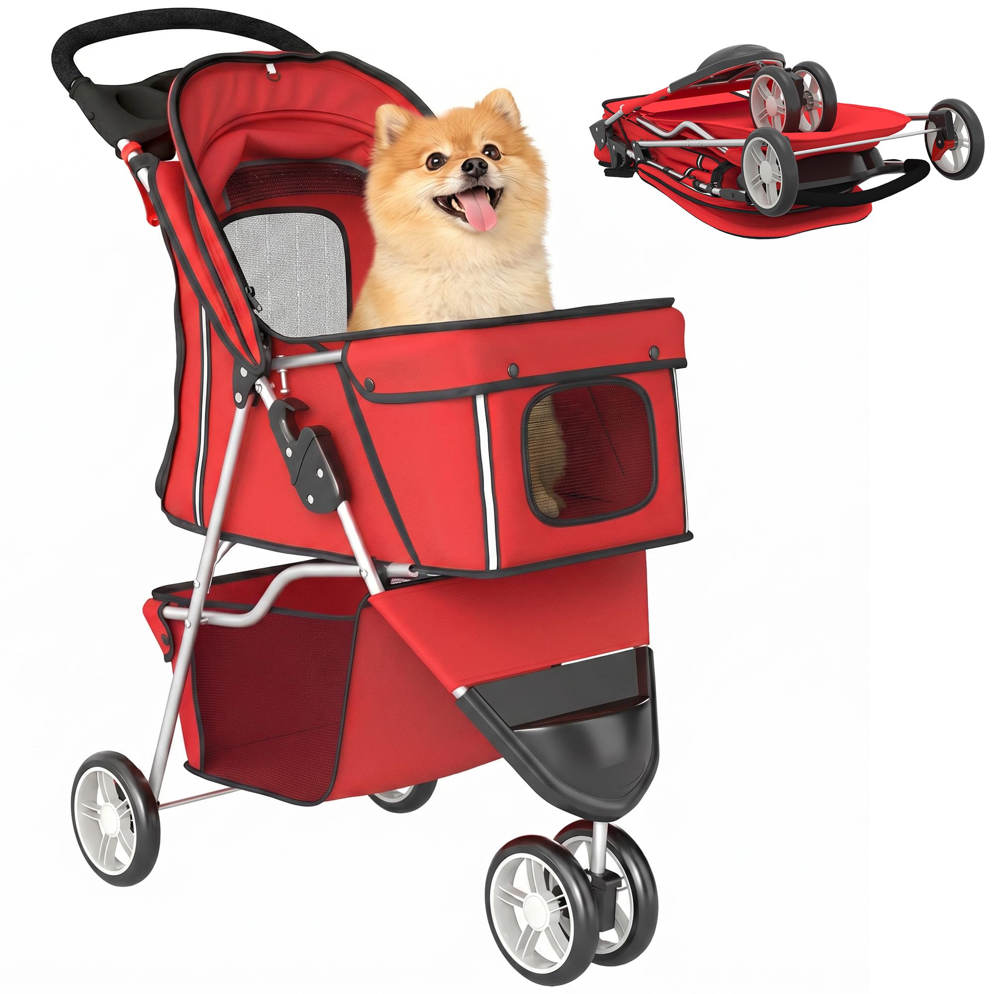 PawHut Poussette Buggy Pliable Animaux Chien Tout Terrain Rouge | Chariot Pliant Chien Chat, Panier de Rangement Inclus, Roues Avec Frein, Tissu 600D Oxford Acier, Porte-Gobelet, 75x45x97cm