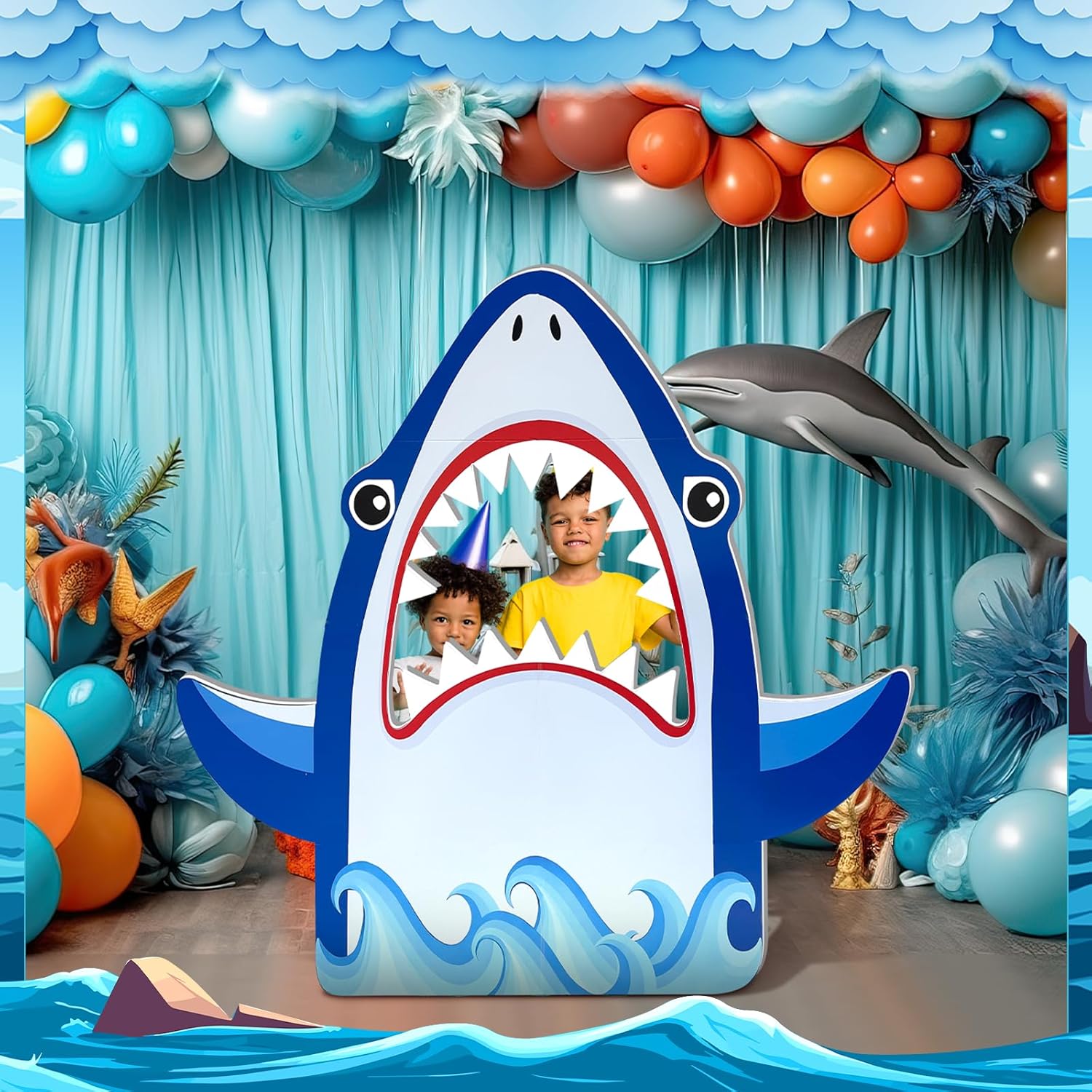 4 FT Shark Theme Party Photo Backdrop Shark Cutout Backdrop Photo Booth for Shark Birthday Ocean Birthday Party Decoration Under The Sea Theme Party Supplies (47 Inch)