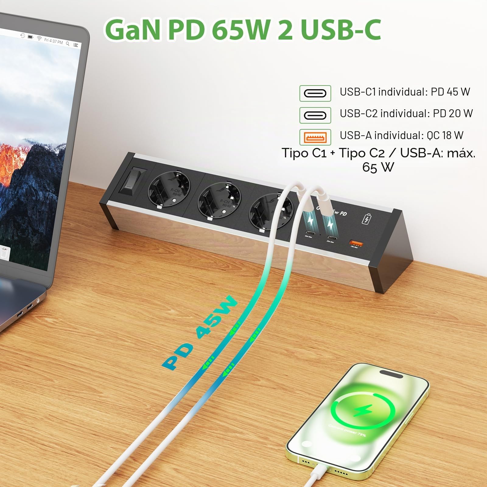 Enchufe de Mesa de Aluminio con 3 enchufes con 2 USB C GAN PD de 65 W y Cable de 3 m, regleta de enchufes para Escritorio con Interruptor, para casa, Oficina, Color Plateado y Negro
