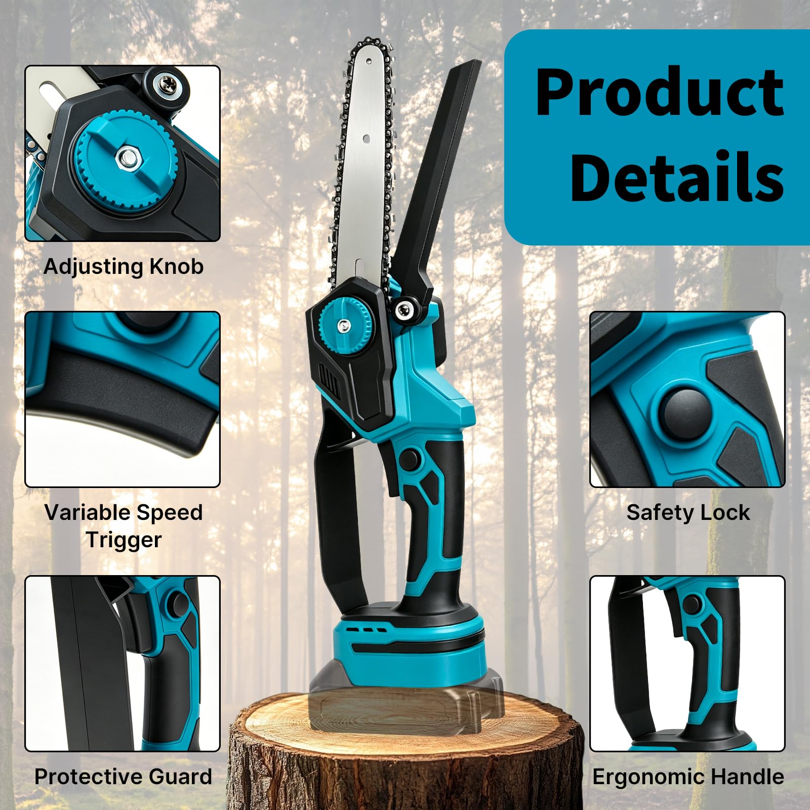 Mini Motosierra Bateria 6, 8 Y 10 Pulgadas, Sierra Electrica Podar Arboles Sin Escobillas Con Lubricacion Automatica, Motosierra De Mano Inalambrica Con Cerradura De Seguridad Para Jardin Y Madera