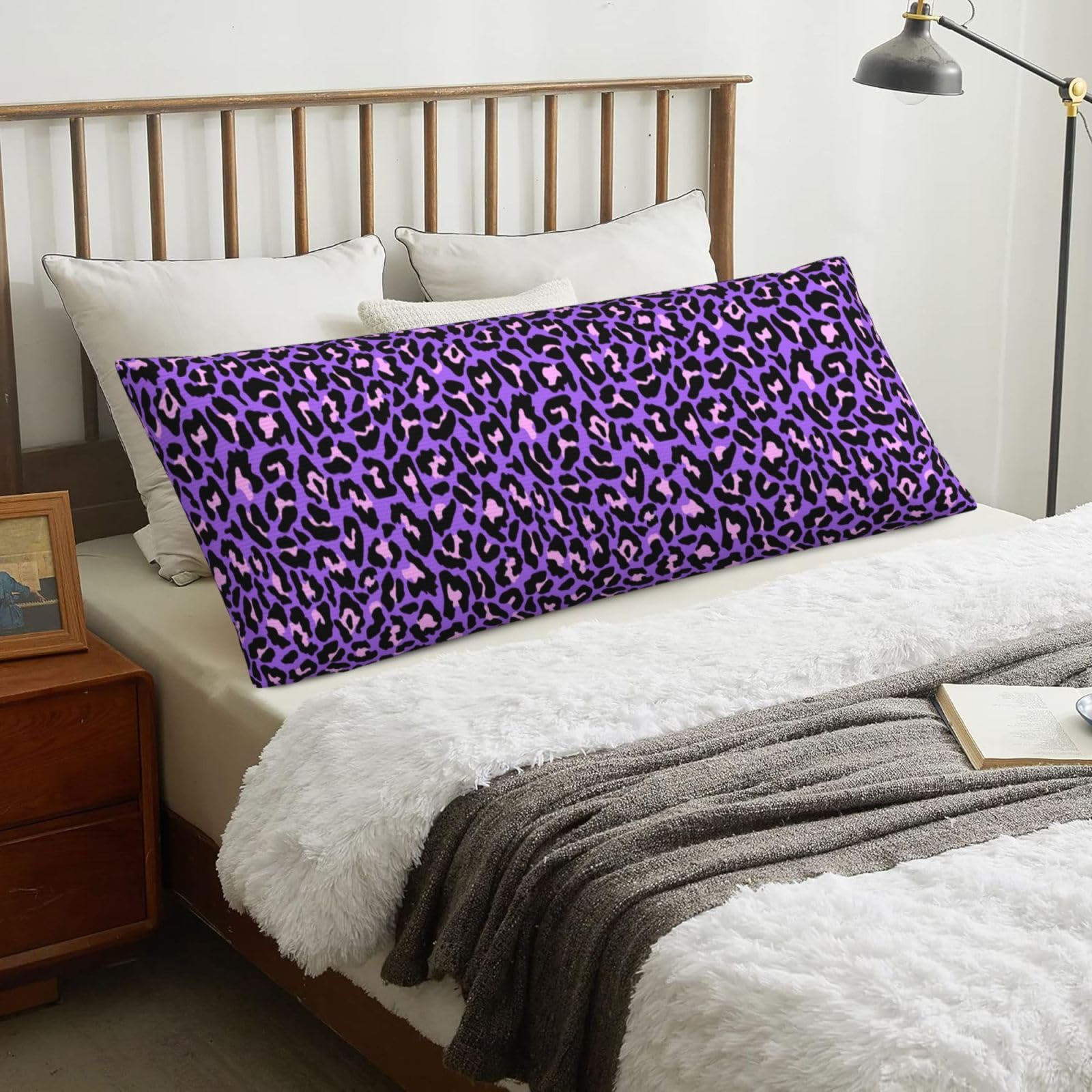 Neon Purple Pink Leopard Animals Print, Body Pillow Cover with Zipper,Long Body Pillowcase 20 x 60 in