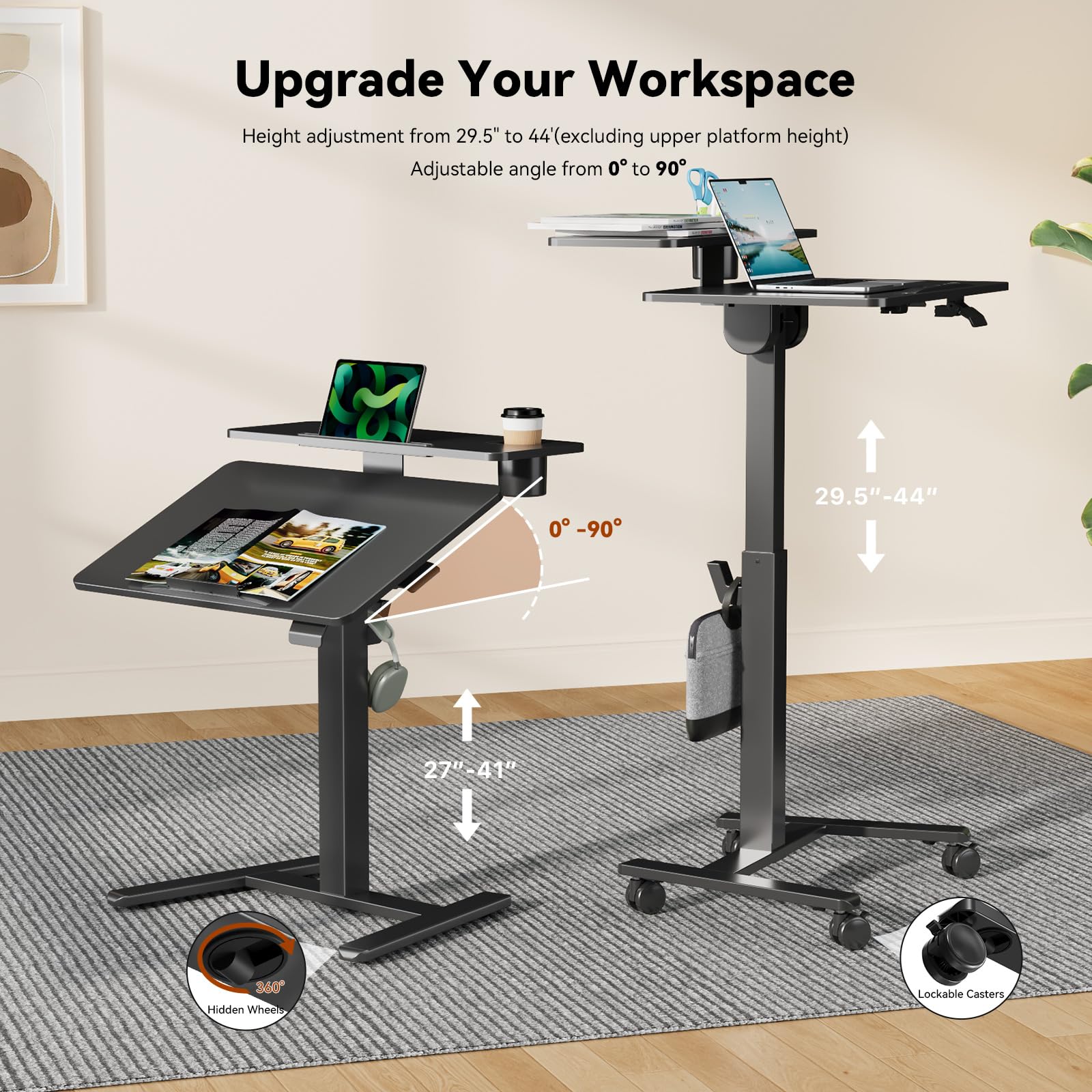 28Inch Rolling Standing Desk On Wheels Small Computer Workstation Adjustable Height Mobile Laptop Stand with Tiltable Desktop 2-Tier — view 3