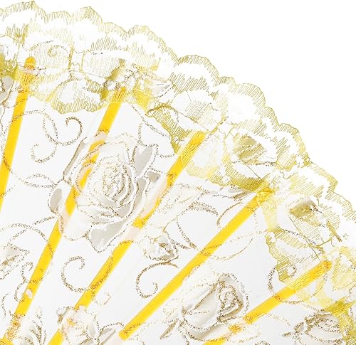 Miniatura 4 de QIRMIZI 10 abanicos plegables de encaje rosa, abanicos de mano plegables de seda, perfectos para bodas, fiestas y bailes, amarillo