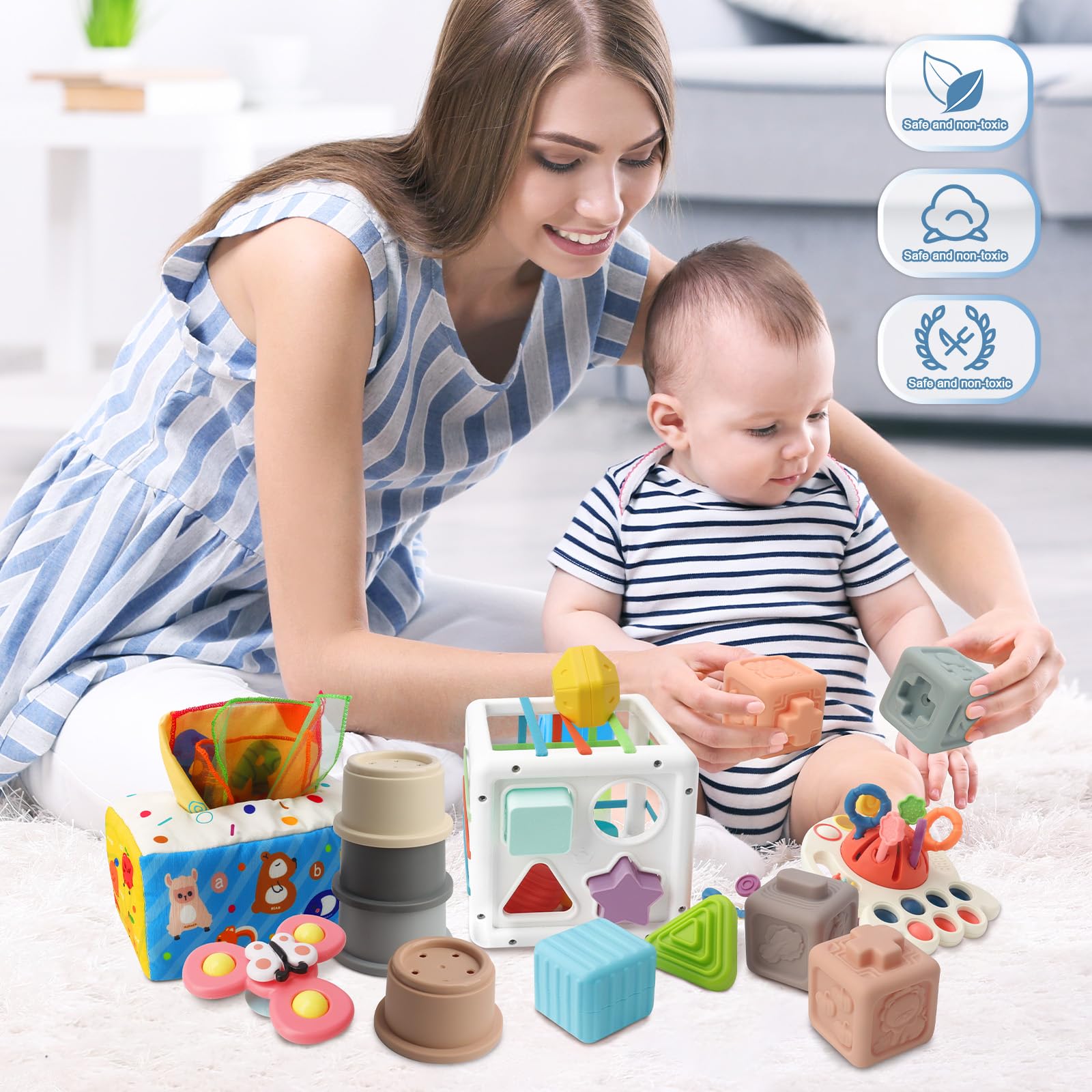 KETIEE Montessori Spielzeug Baby ab 1 Jahr, 6 in 1 Baby Toys Sensorisches Baby Spielzeug, Motorikspielzeug, Stapelturm, UFO Zugschnur, Stapelbecher, Tücherbox, Spinner