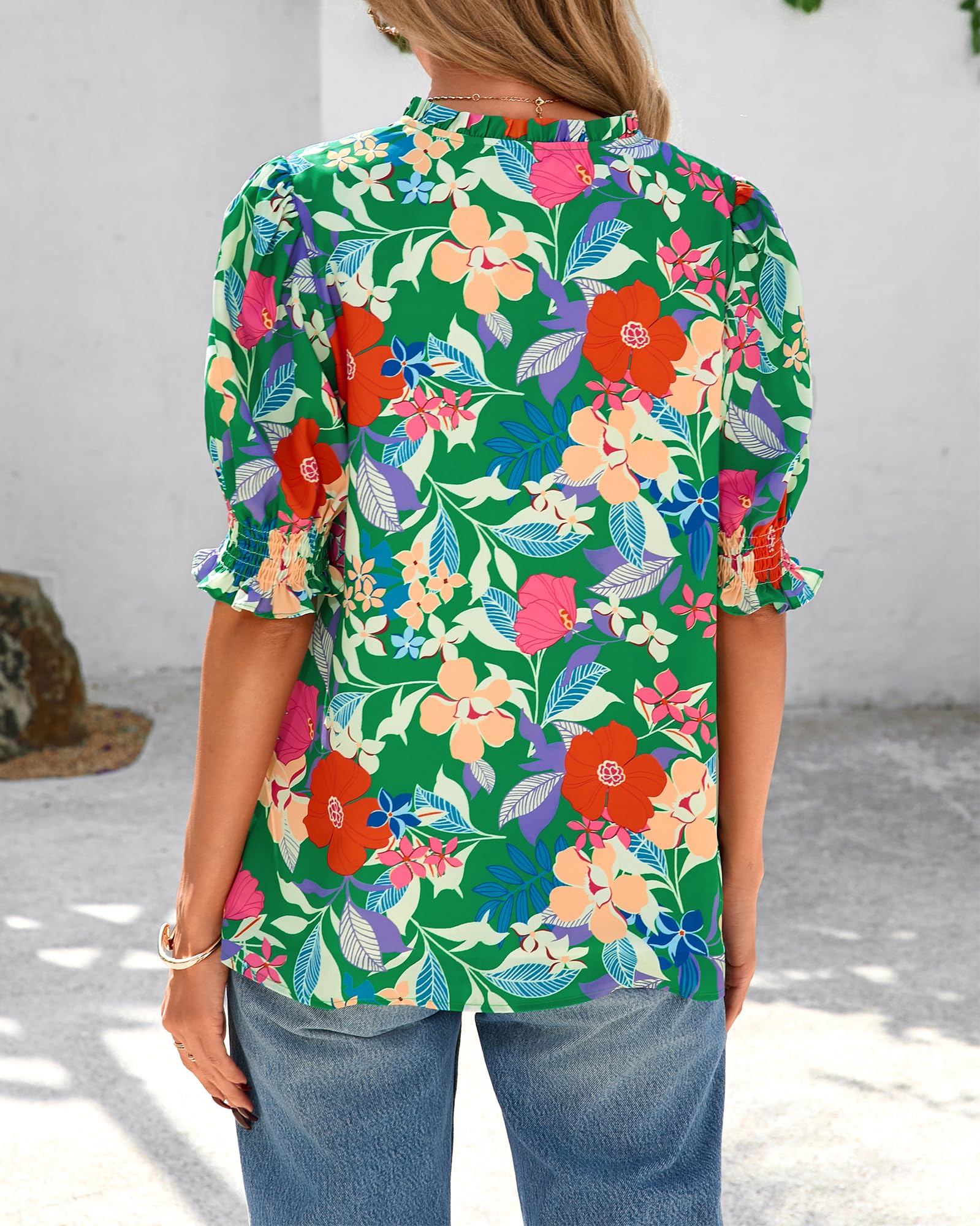 BTFBM Summer Blouses for Women Dressy Casual 2025 Spring Floral Boho Shirts V Neck Puff Short Sleeve Business Work Tops