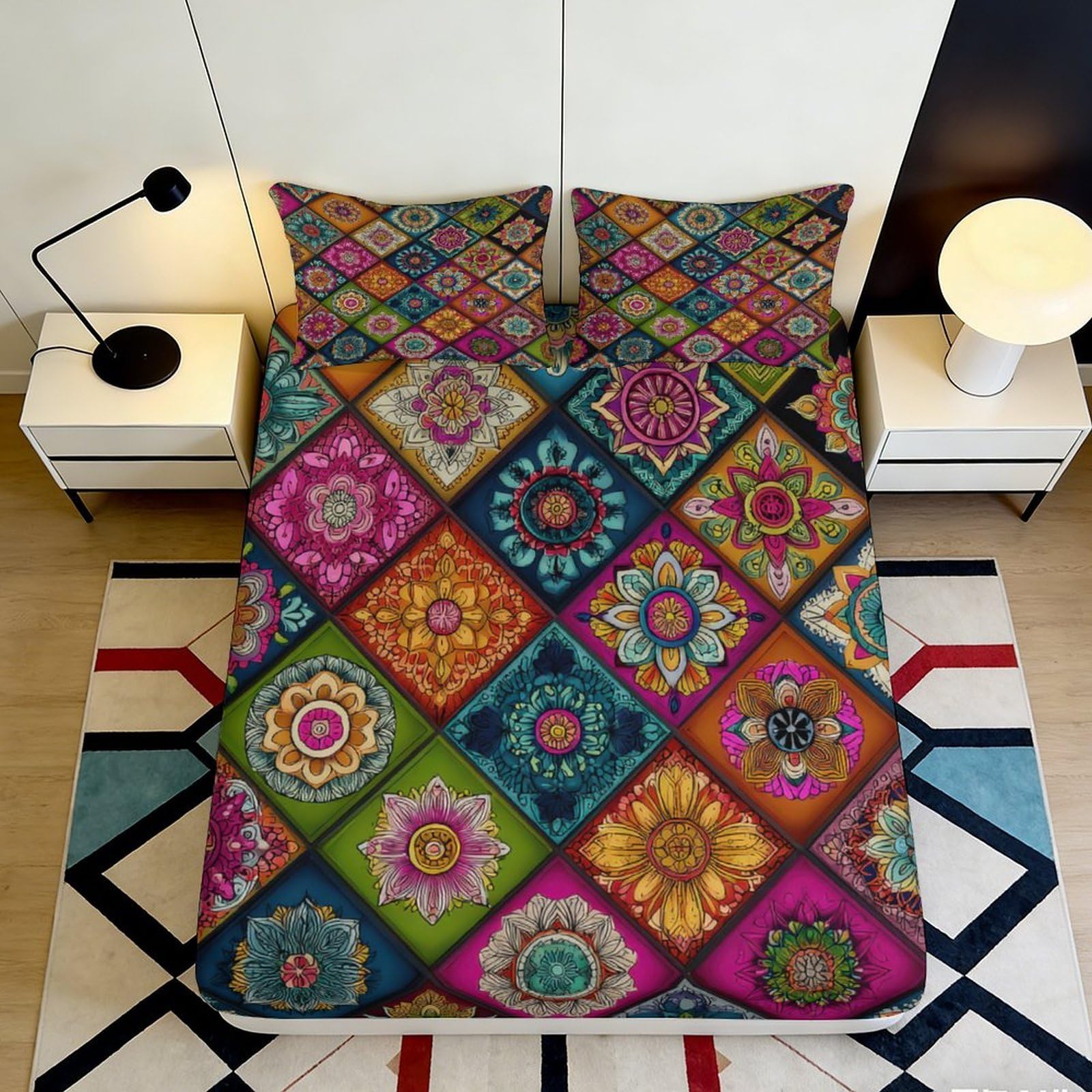 3D Printed Mandala Mosaic Fitted Sheet Microfiber Colourful Geometric Bed Cover for Bedroom Dorm Mattress Protection Decor 90x200x25cm