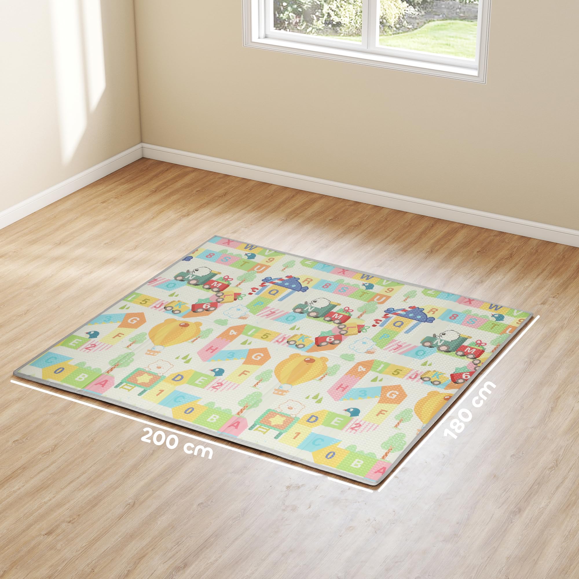 AIYAPLAY Tappeto per Bambini 0-3 Anni con Bordi Cuciti, Lettere dell'Alfabeto e Superficie Impermeabile, Tappeto Gattonamento in XPE e PE, 200x180x1.5 cm, Multicolore
