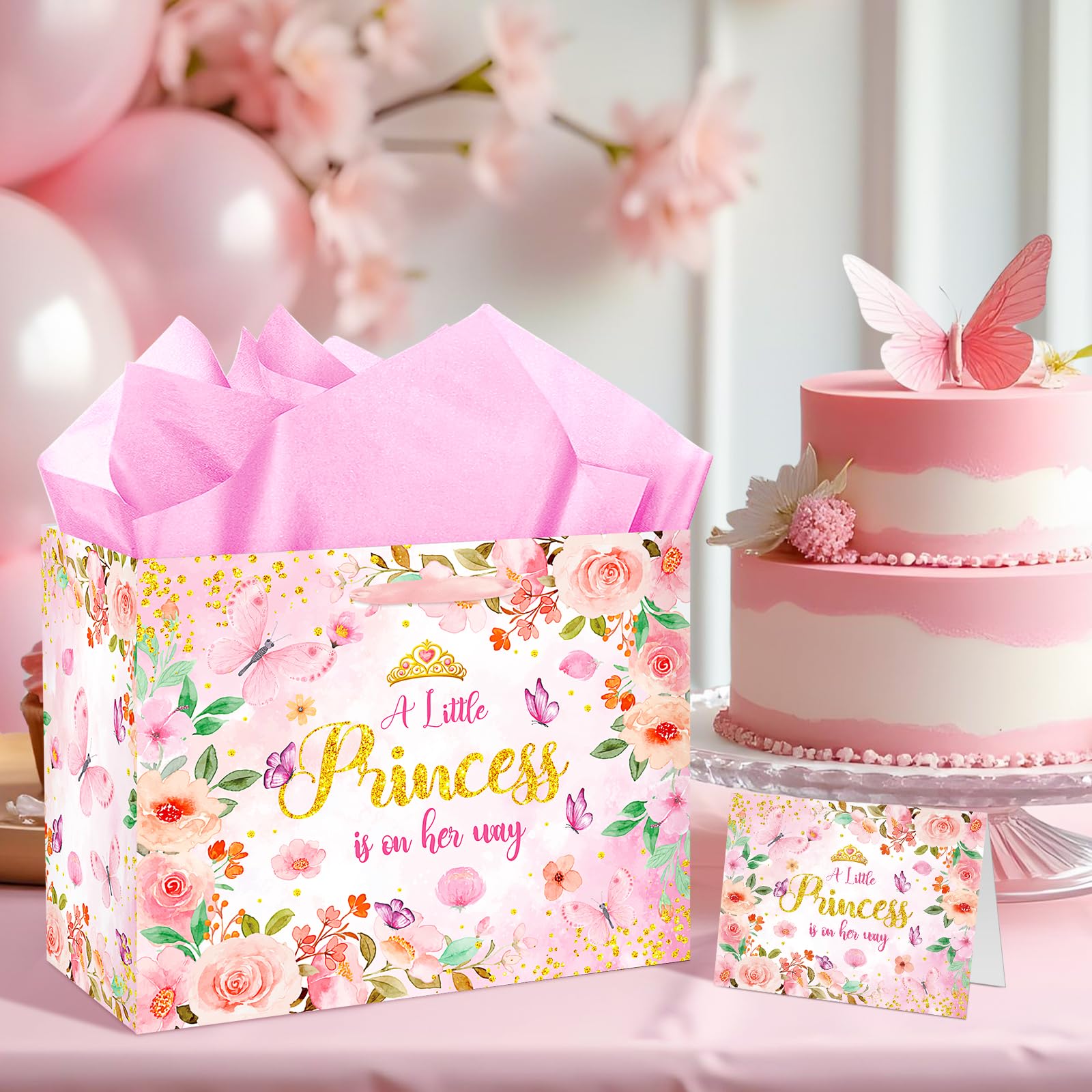 Princess Baby Shower Birthday Gift Bag for Baby Girls A Little Princess is On Her Way Bag with Wrapping Paper Card Pink Rose Gold Flowers Gift Bag for Princess Baby Shower Birthday Party Supplies